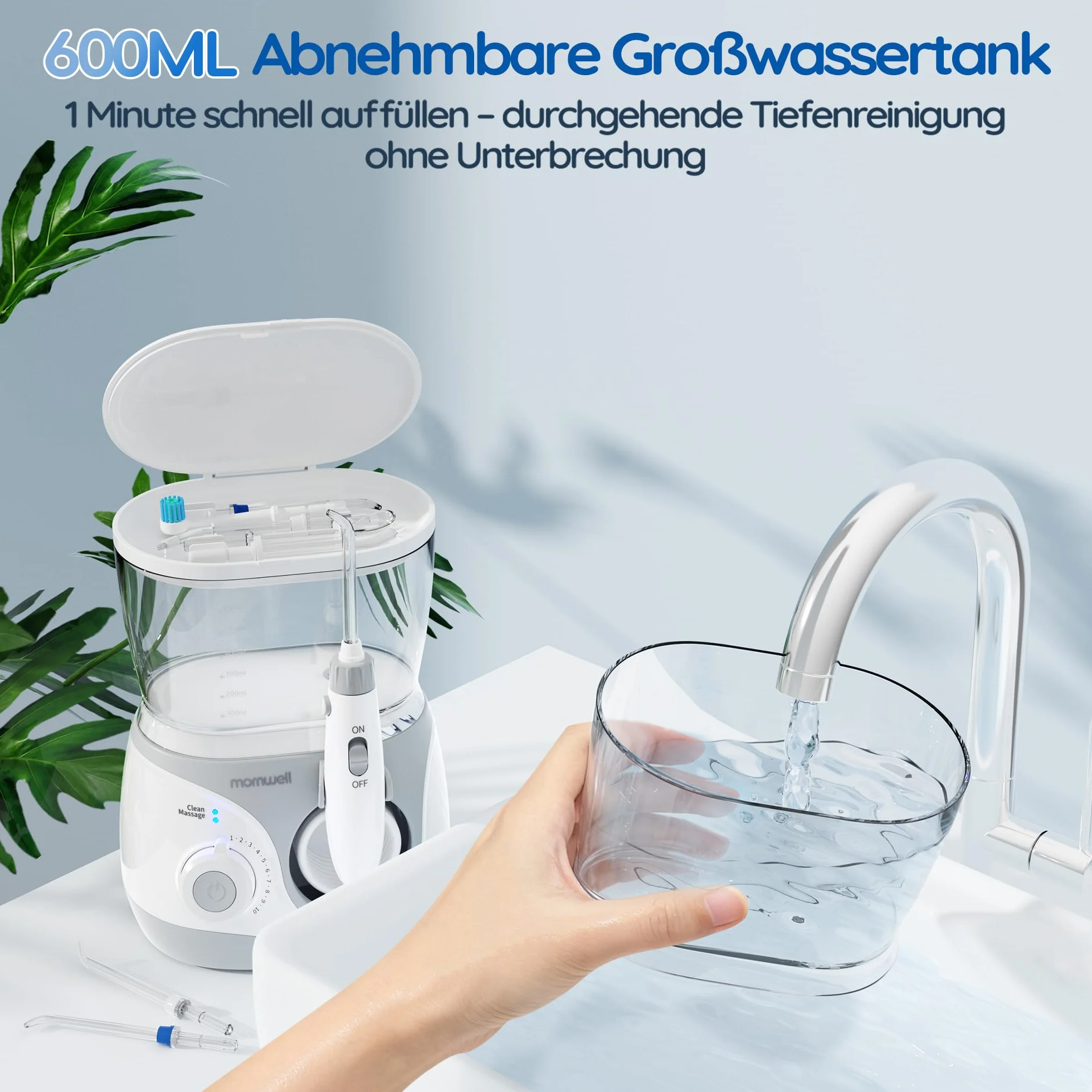 Mornwell Irrigator do Zębów, Profesjonalny Elektryczny Irrigator z 10 Poziomami Ciśnienia, 6 Końcówkami, 2 Trybami & Zbiornikiem 600ml, Wbudowany Timer (Duże A)