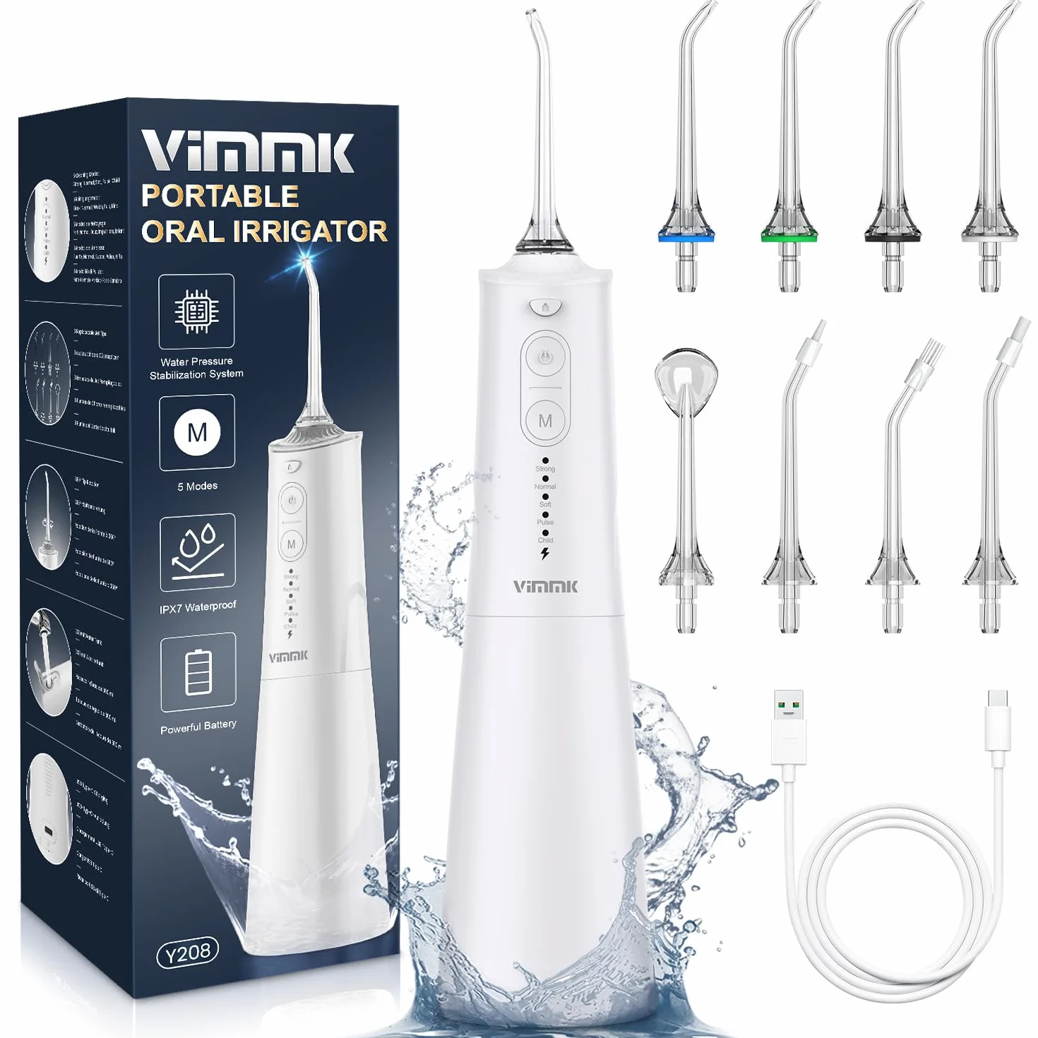 Vimmk bezprzewodowy irygator do zębów, elektryczny przyrząd do czyszczenia zębów, 5 trybów i 8 dysz, USB-C, możliwość ponownego ładowania, wodoszczelność IPX7, kolor beżowy