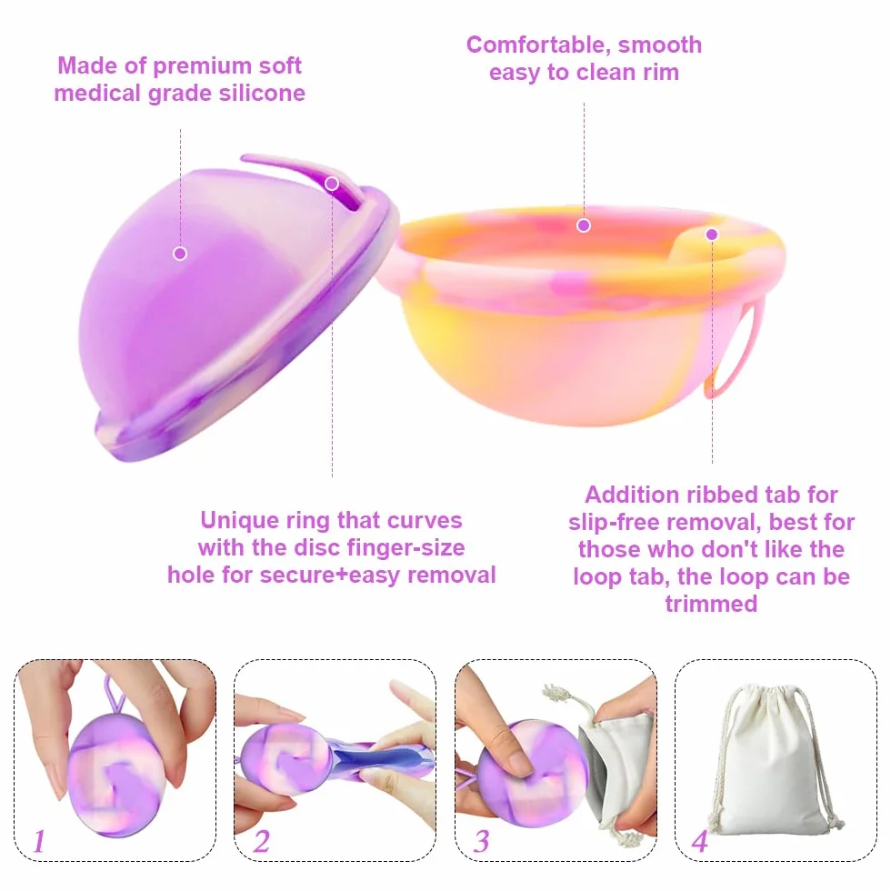 LUFEIS Dysk menstruacyjny, 2 sztuki Dysk menstruacyjny, Wielokrotnego użytku dysk menstruacyjny, Kubek menstruacyjny z silikonu, dla wszystkich natężeń przepływu, Bezpieczny podczas sportu i pływania