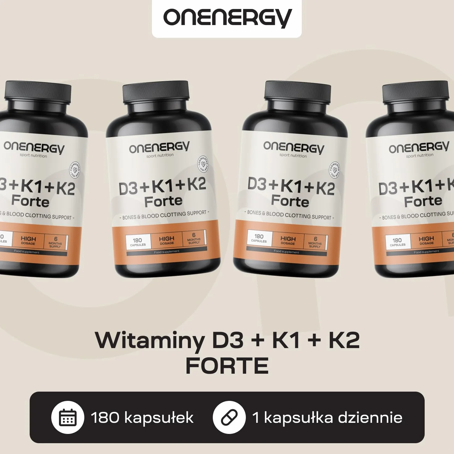 Witaminy D3 + K1 + K2 FORTE od OnEnergy - 180 kapsułek roślinnych - Wsparcie kości, mięśni i układu odpornościowego - Synergia witamin - Wsparcie krzepnięcia krwi - Zapas na 6 miesięcy