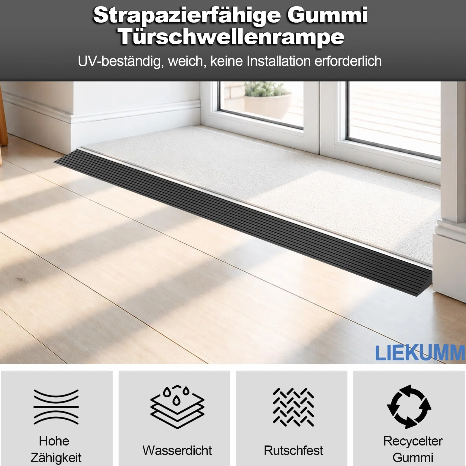 LIEKUMM Gumowa rampa progowa 900 x 15 mm, nośność 650 kg, czarna, nadaje się do drzwi, podjazdów, łazienek, możliwość przycinania