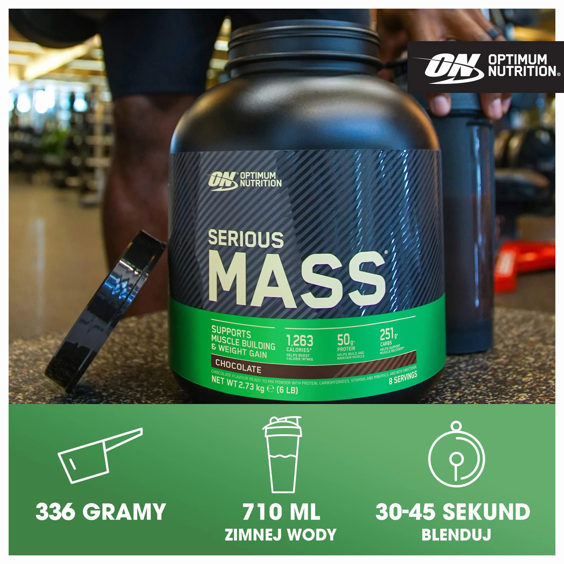 Optimum Nutrition Serious Mass Wysokokaloryczna Odżywka Białkowa, Gainer na Wzrost Masy Mięśniowej, 25 Witamin i Minerałów, Monohydrat Kreatyny i Glutamina, Smak Czekoladowy, 16 Porcji, 5,45 kg