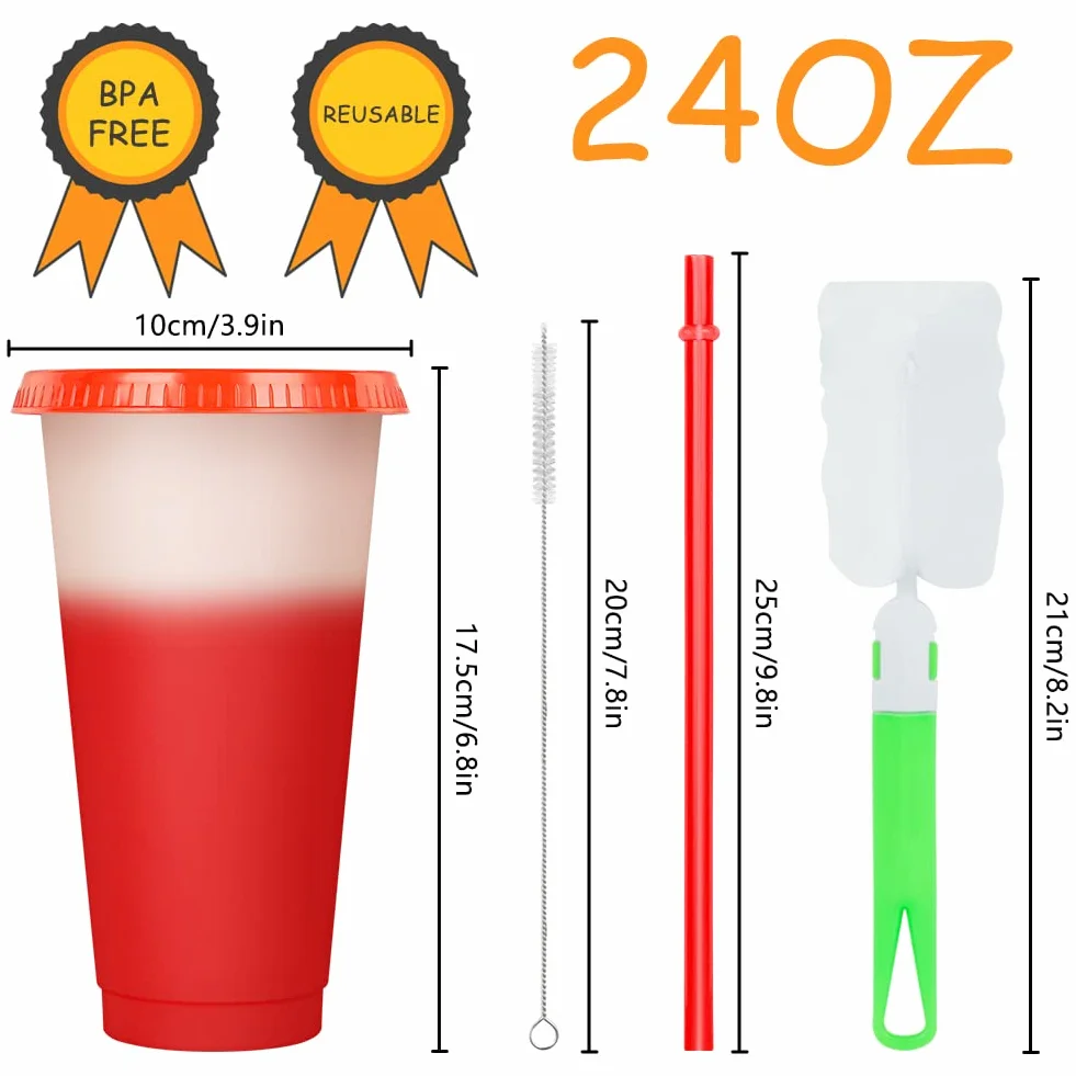 Zestaw 6 sztuk kubków zmieniających kolor 710 ml BPA free plastik podróżny z pokrywką i słomką
