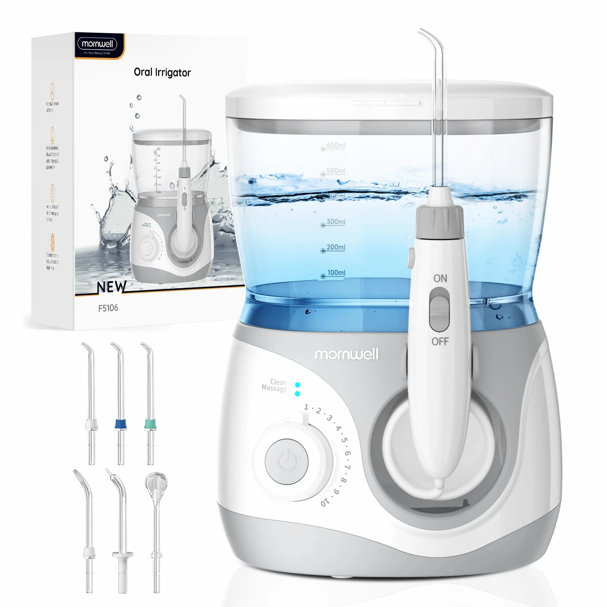 Mornwell Irrigator do Zębów, Profesjonalny Elektryczny Irrigator z 10 Poziomami Ciśnienia, 6 Końcówkami, 2 Trybami & Zbiornikiem 600ml, Wbudowany Timer (Duże A)