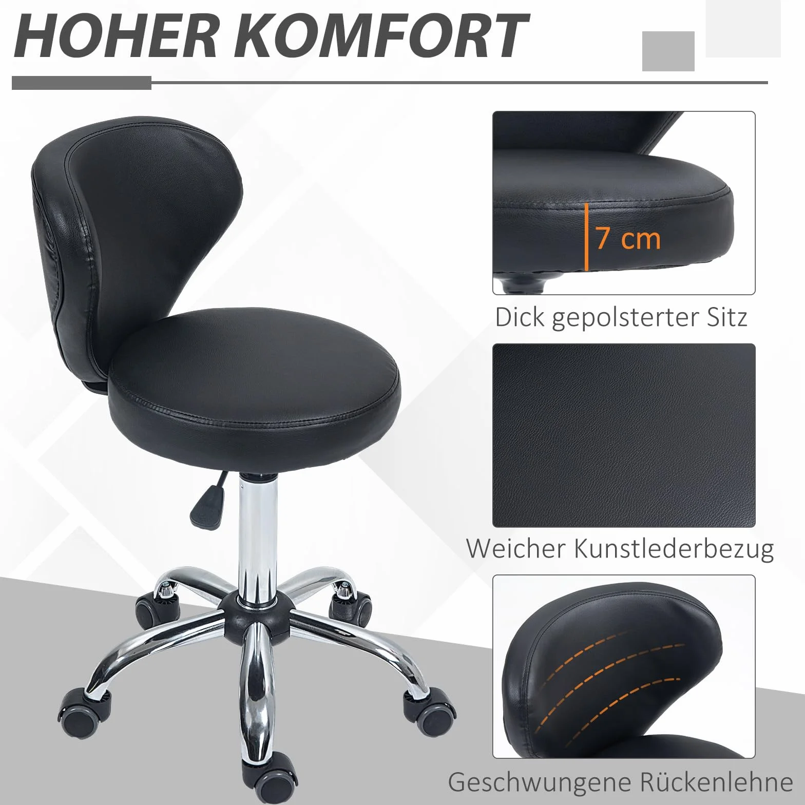 HOMCOM Taboret na kółkach z regulacją wysokości, obrotowy taboret do salonu z oparciem, kółkami, taboret roboczy do biura, salonu, ze sztucznej skóry, 45 x 54 x 73-88 cm, czarny