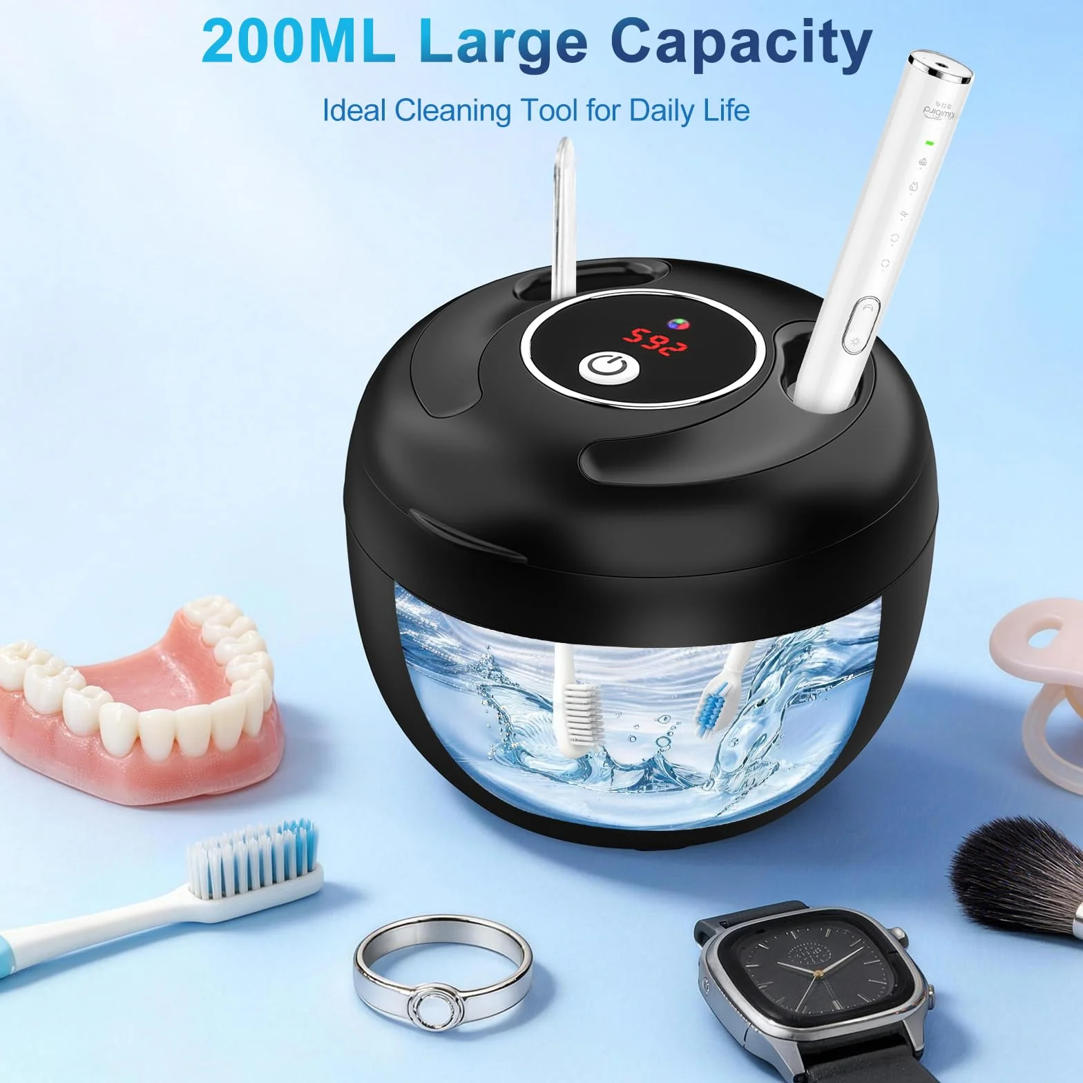 Ultradźwiękowy środek czyszczący do zębów 45000 Hz Ultradźwiękowe czyszczenie lampą UV i 4 tryby, 200 ml Ultradźwiękowy środek czyszczący do zębów Ultradźwiękowy środek czyszczący pod sztuczne zęby