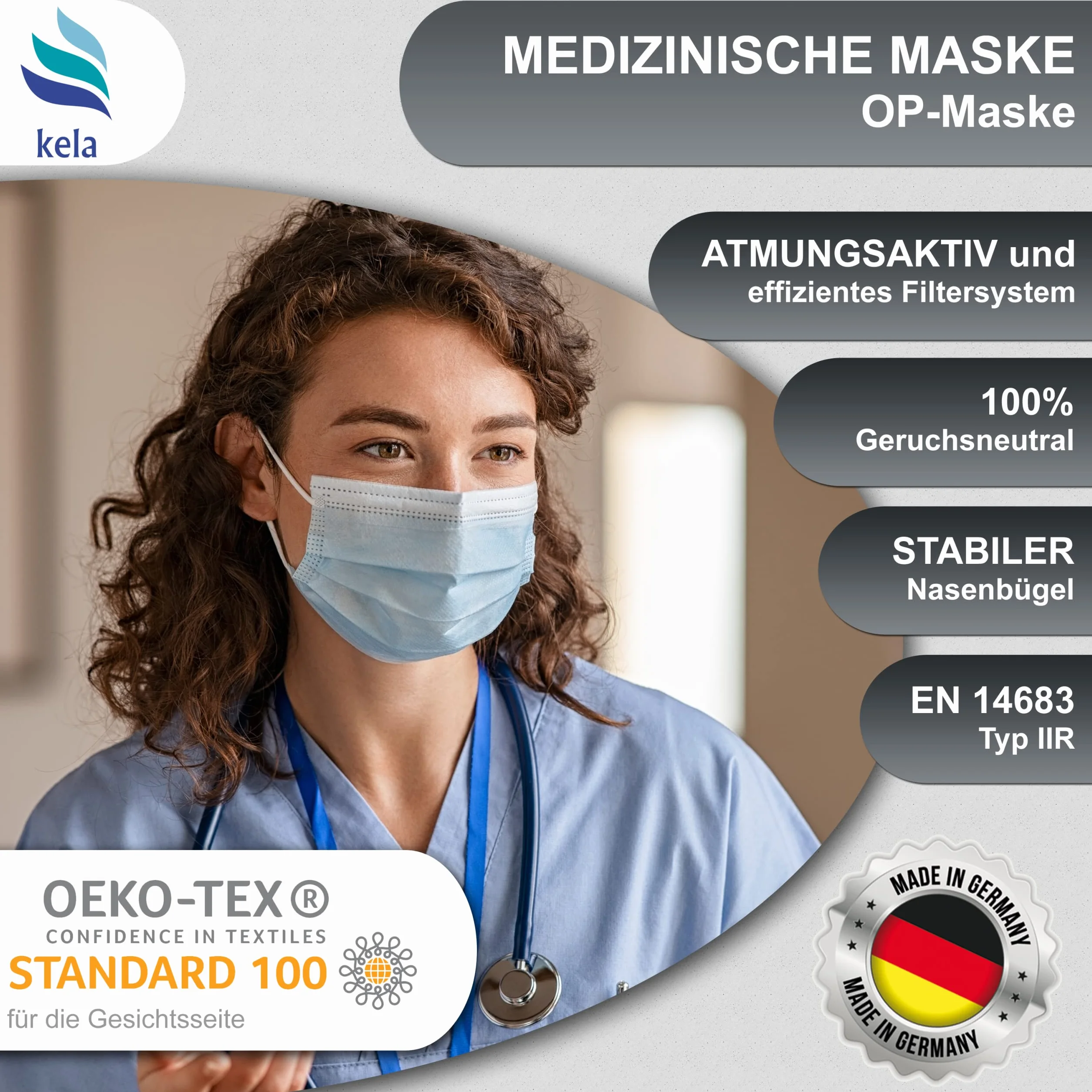 kela®, Maska medyczna, czarna, Made in Germany, maska medyczna do ochrony ust i nosa, jednorazowa maska chirurgiczna, certyfikat CE, DIN EN 14683 typ IIR, BFE > 99,9%, 3-warstwowa