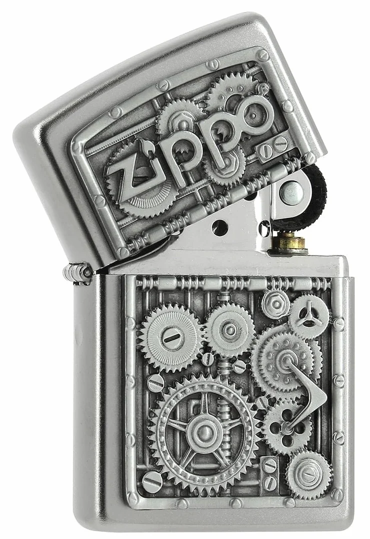 Zippo Zapalniczka Sztormowa Gear Wheels Satynowy Chrom Emblemat Wielokrotnego Użytku Odporna na Wiatr Pudełko Prezentowe USA