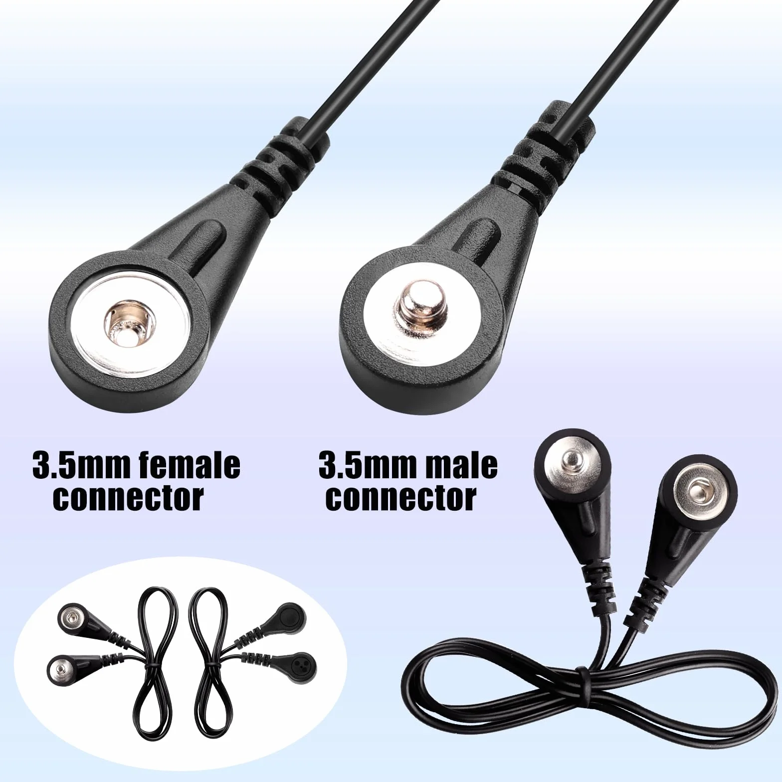 4-częściowy zestaw przewodów przyłączeniowych, kabel połączeniowy do urządzeń kompatybilnych z EMS/TENS, standardowy kabel zatrzaskowy 3,5 mm, czarny 0,5 m (wtyczka 3,5 mm do gniazda)