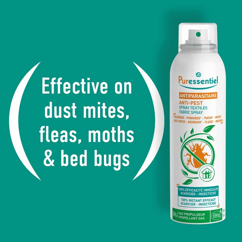 Puressentiel Spray do tkanin przeciw szkodnikom, skuteczny na roztocza, pluskwy, pchły i ćmy, 100% natychmiastowa skuteczność | środek owadobójczy | 0% gaz napędowy | 150 ml
