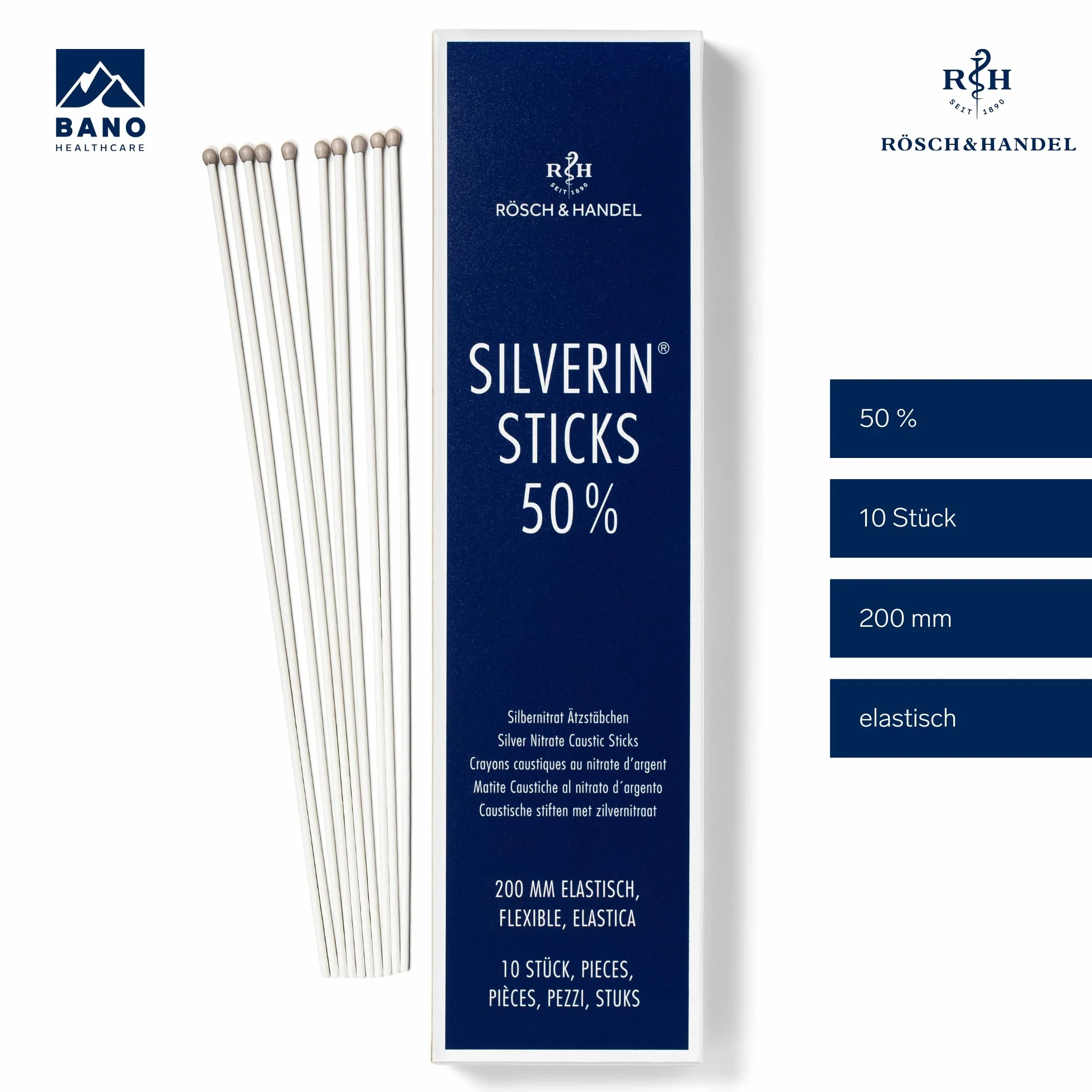 SILVERIN PATYCZKI 50% | Patyczki z azotanem srebra do wypalania | 10 sztuk 200 mm elastyczne| do o usuwania brodawek, pozostałości pępowiny i narośli skórnych | Rösch und Handel
