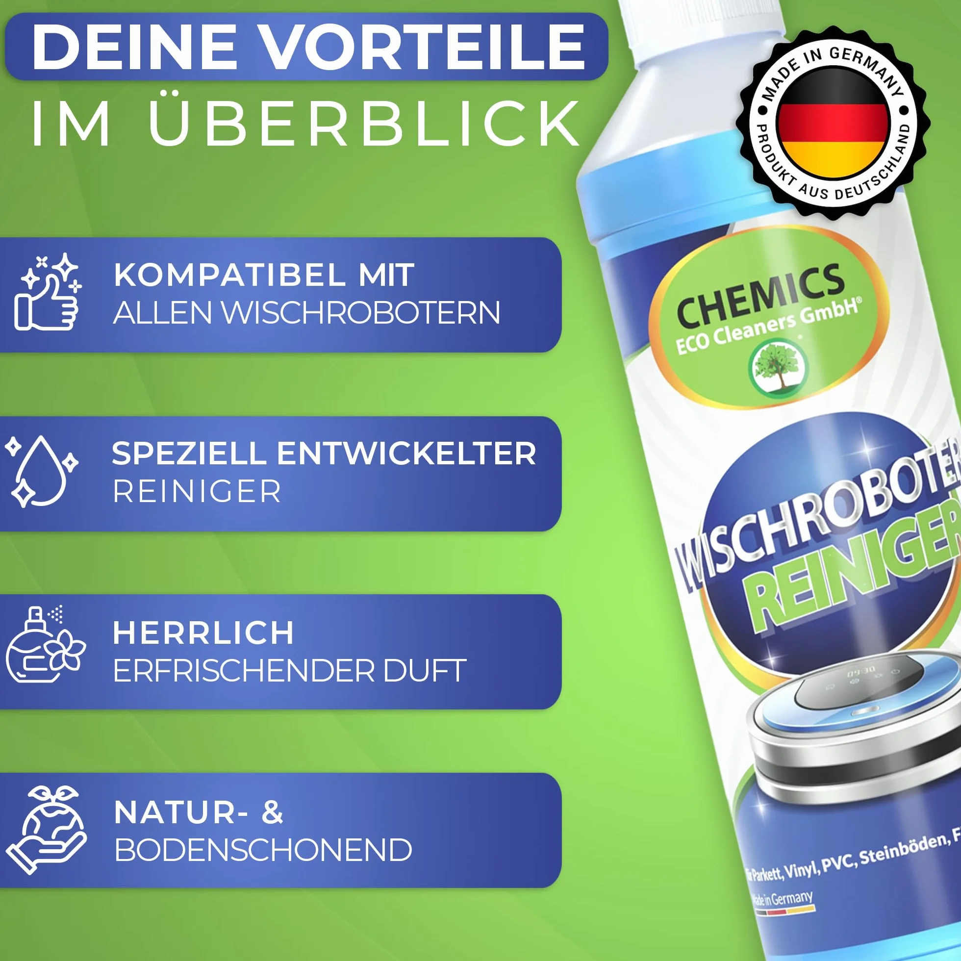 CHEMICS koncentrat środka czyszczącego do robotów myjących - 1L, biodegradowalny, szybkoschnący, środek do czyszczenia podłóg do parkietu i innych twardych podłóg, specjalnie do Roborock i innych