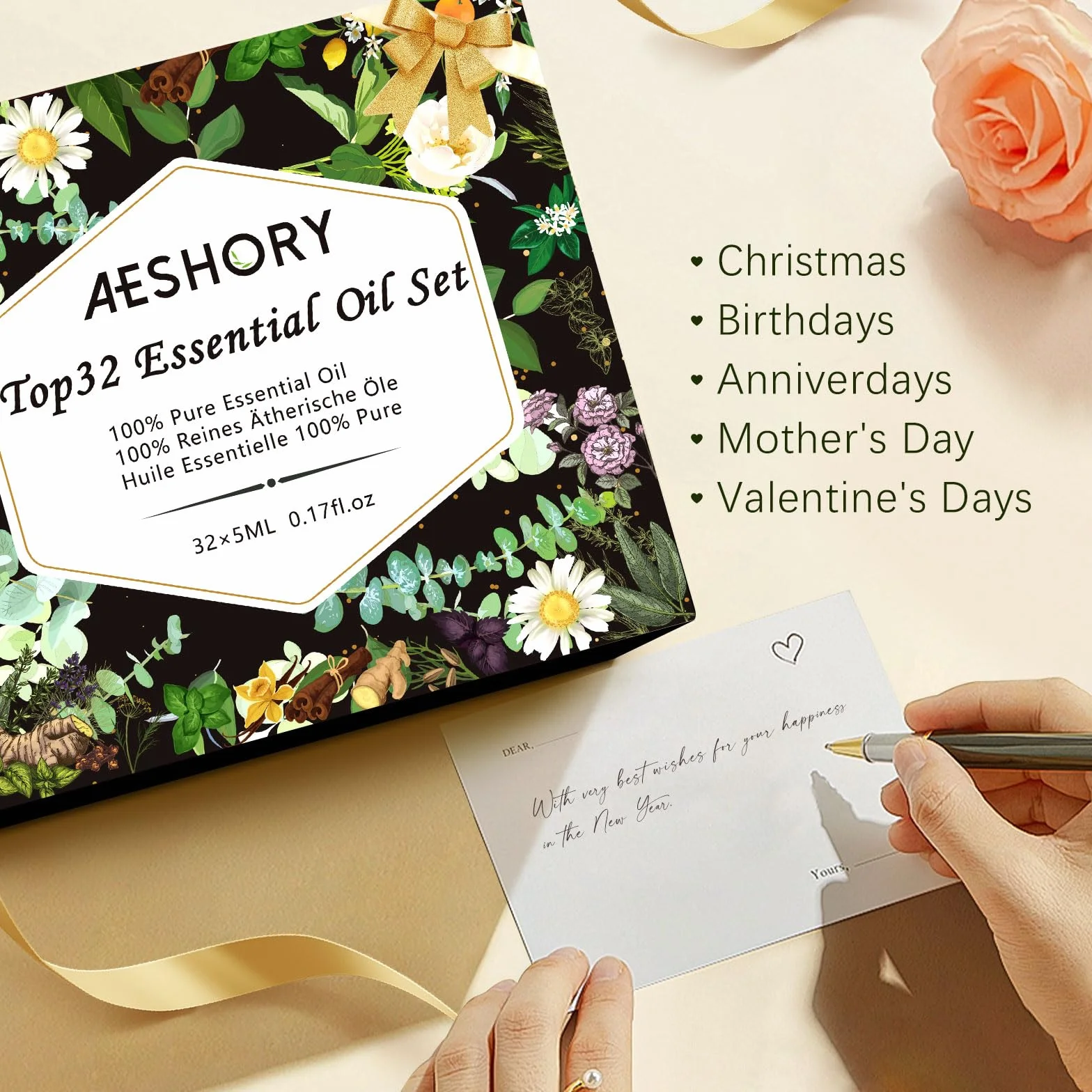 Aeshory Zestaw Olejków Eterycznych 32 X 5ml, 100% Czysty Naturalny Olejek Aromaterapeutyczny Do Dyfuzora, Nawilżacza Powietrza, Domowego Zapachu, Czyszczenia, Wyrobu Świec, Mydła, Relaksu, Masażu