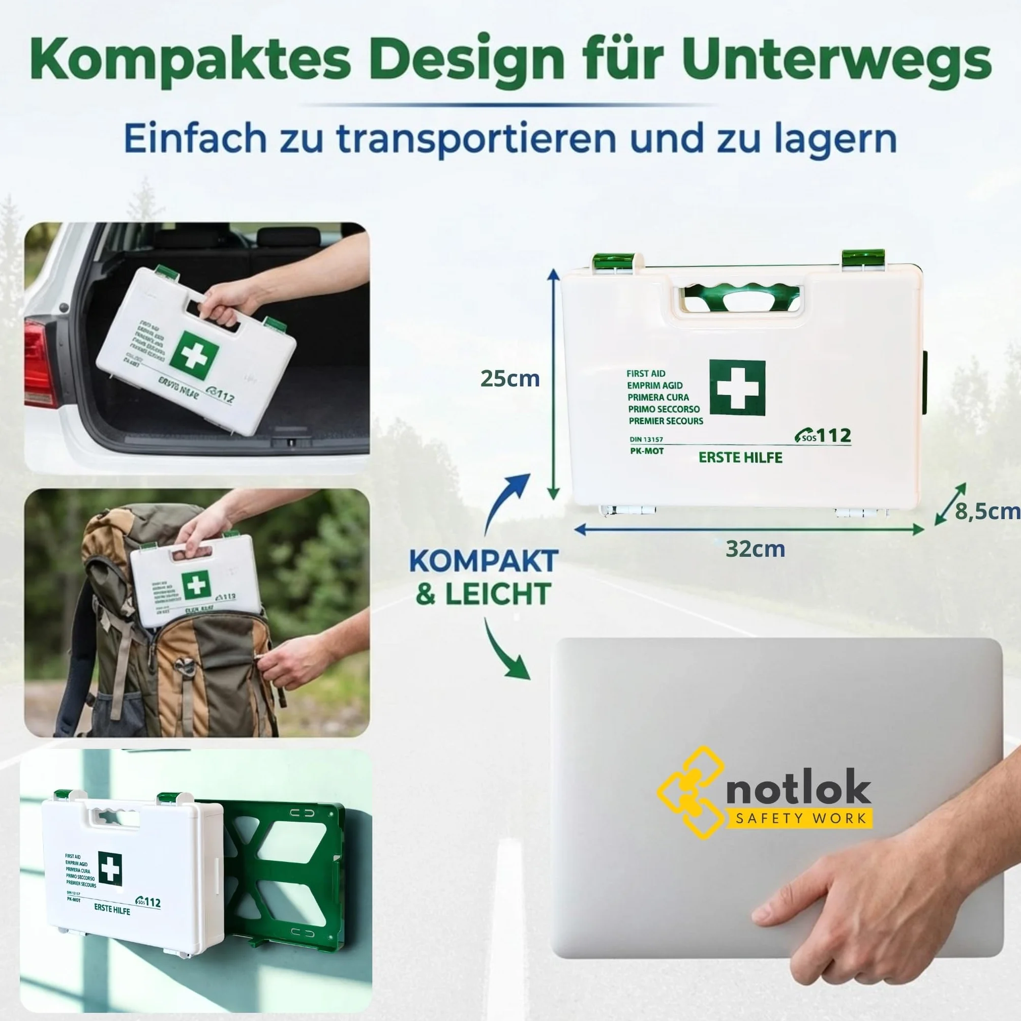 Apteczka Pierwszej Pomocy DIN 13157 – Zestaw z uchwytem ściennym i ustnikiem do resuscytacji – Kompaktowy i w pełni wyposażony