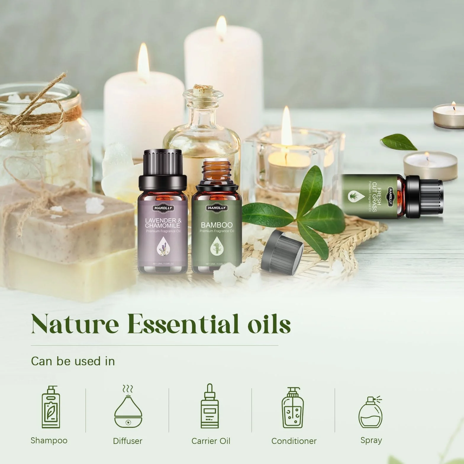 Hanolly 6 x 10 ml Zestaw Naturalnych Olejków Eterycznych Do Dyfuzorów I Wyrobu Świec – Drzewo Sandałowe I Róża, Bambus, Deszcz, Lawenda I Rumianek, Świeżo Skoszona Trawa, Sosna Zwyczajna