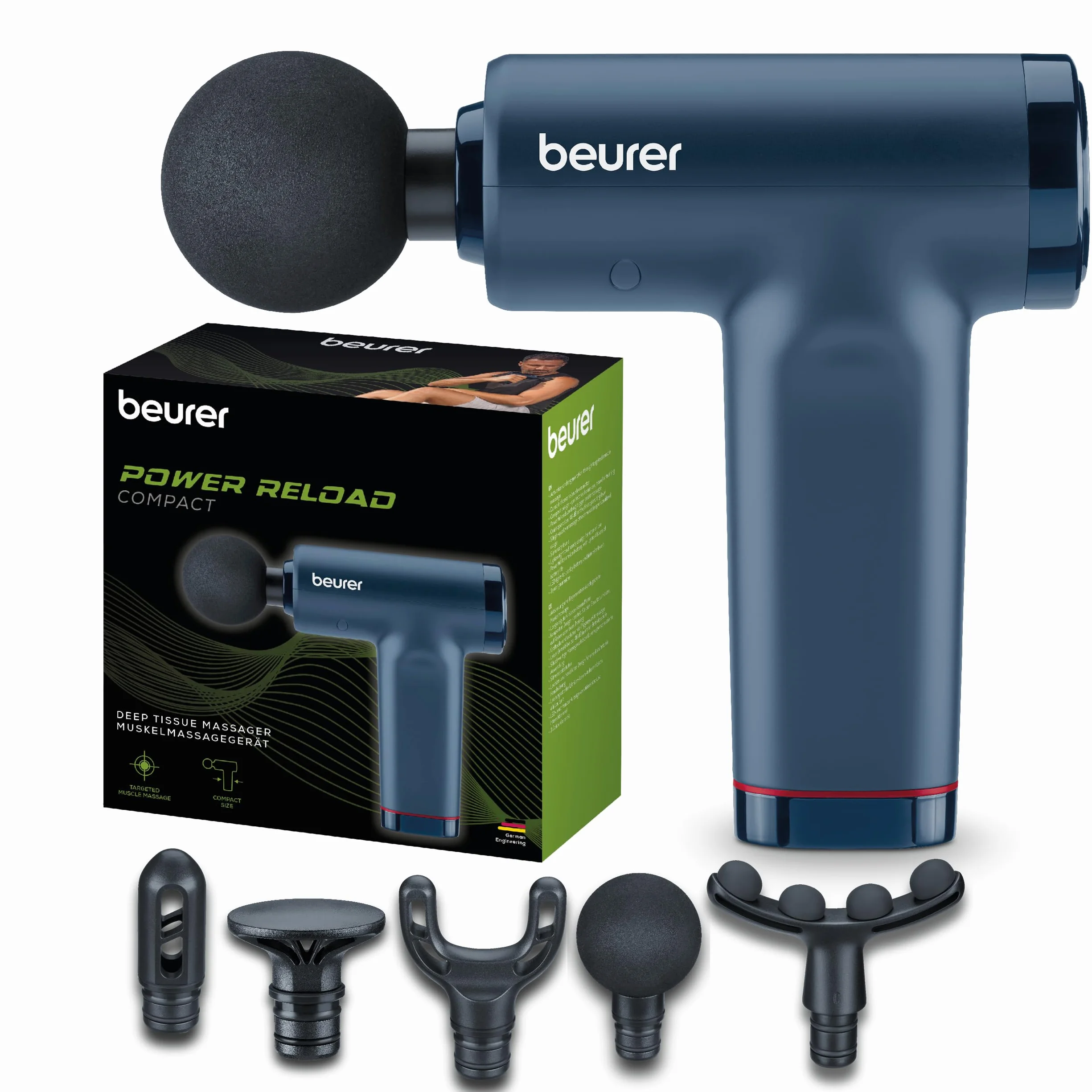 Beurer PowerReload pistolet do masażu z 5 nasadkami, 5 poziomami intensywności, cichy