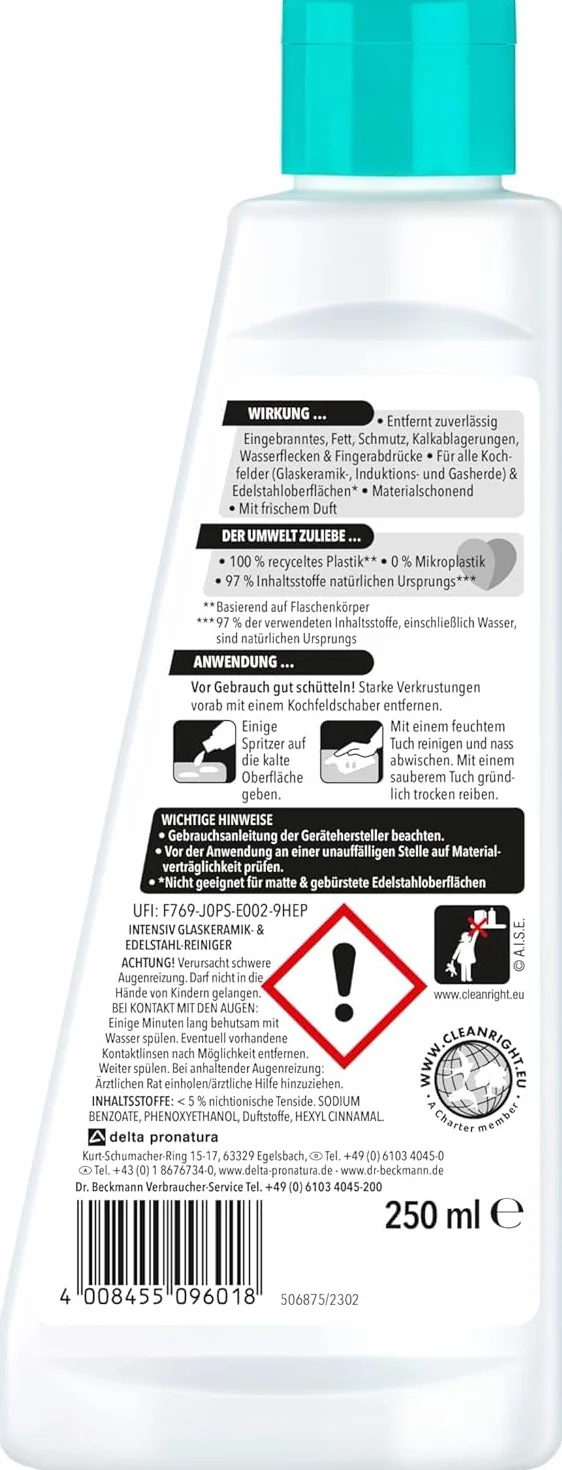 Dr. Beckmann Intensywny środek do czyszczenia ceramiki szklanej i stali nierdzewnej | 250 ml