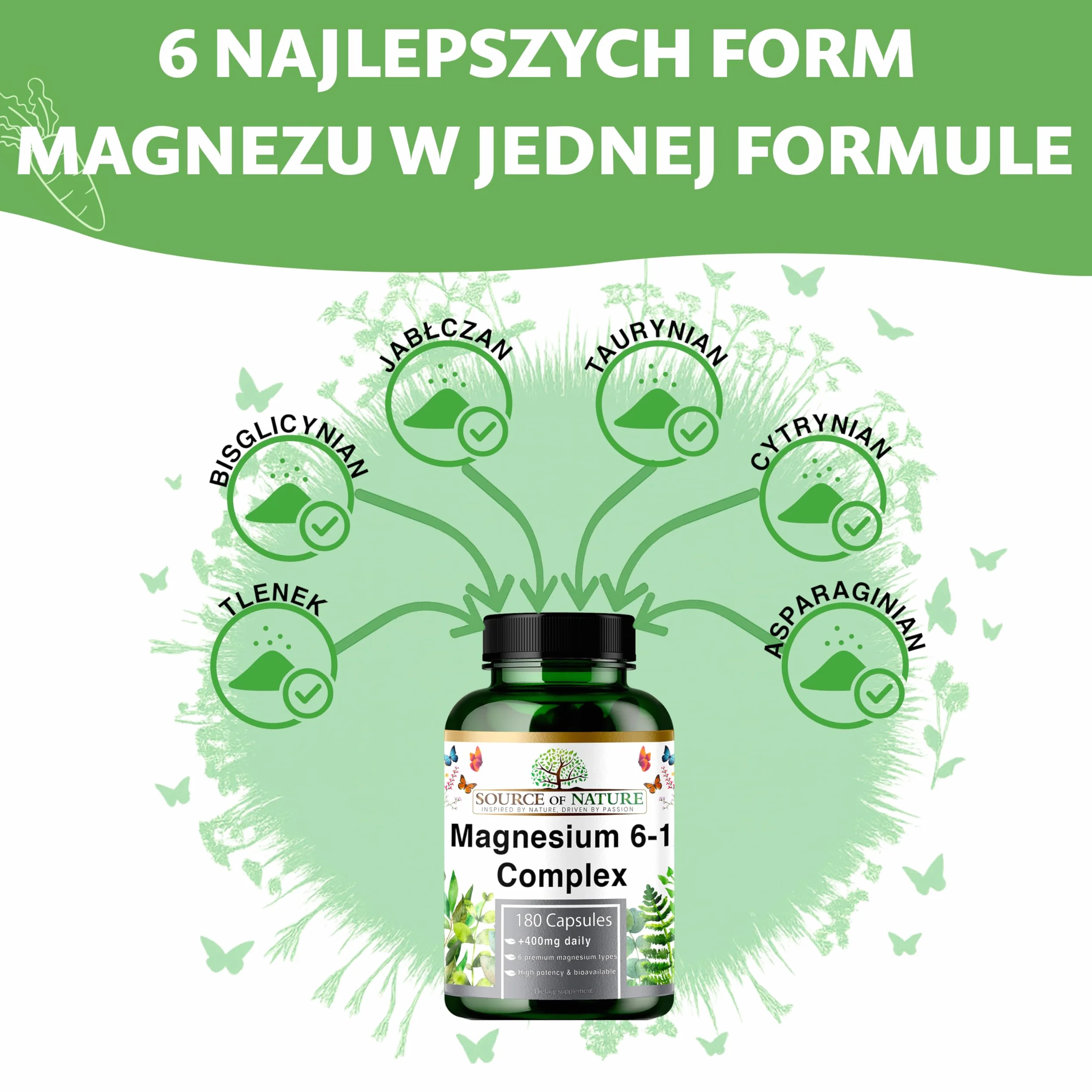 Magnez Kompleks 6-1 1500 mg Dziennie | 400 mg Magnezu Elementarnego | Tlenek, Bisglicynian, Jabłczan, Taurynian, Cytrynian & Asparaginian | 180 Kapsułek Wegańskich | Wysoka Dawka & Biodostępność