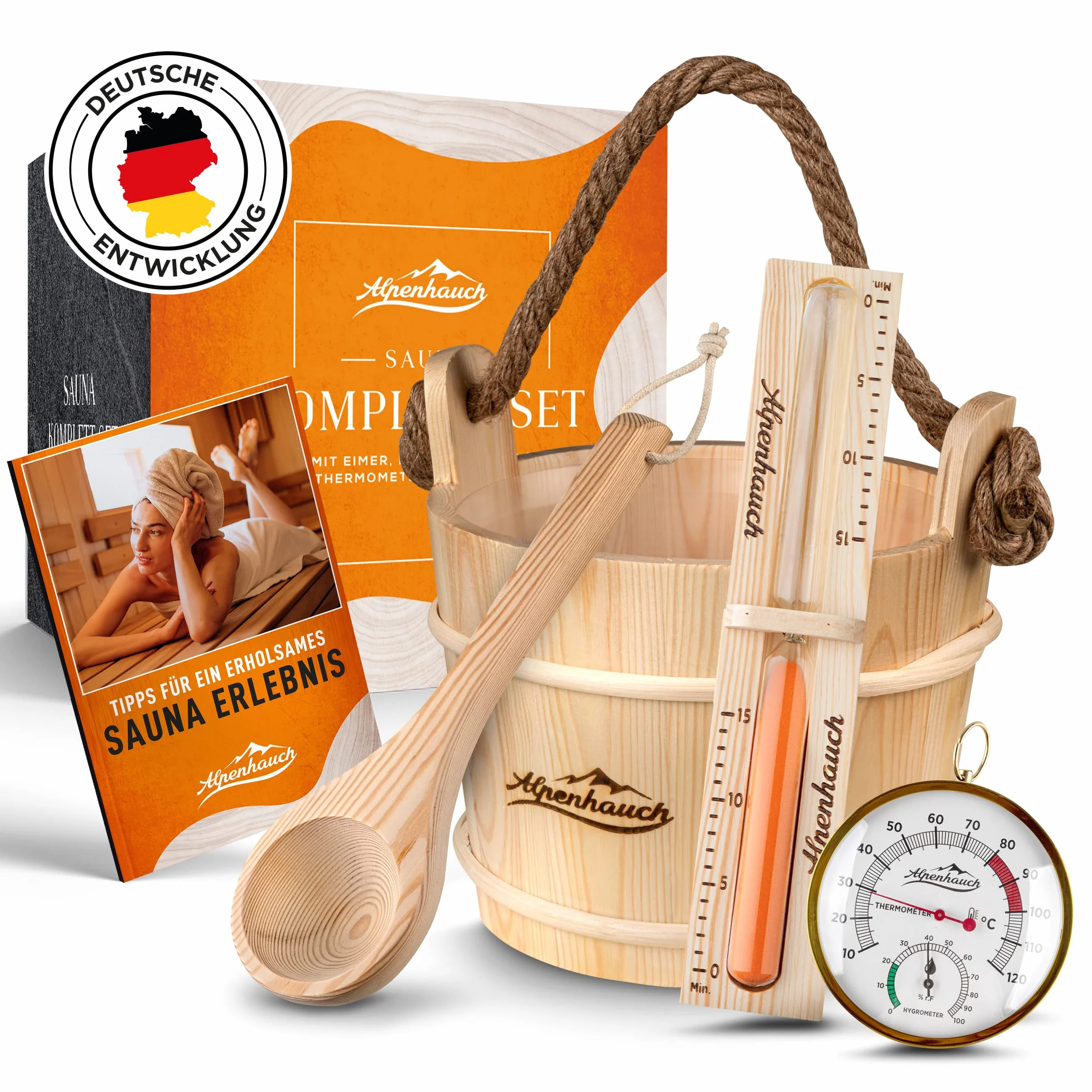 ALPENHAUCH Wiadro do sauny z chochlą [100% naturalne drewno] – elegancki zestaw do sauny z klepsydrą i termometrem / higrometrem – trwałe akcesoria do sauny – zestaw wiadra do infuzji wraz z