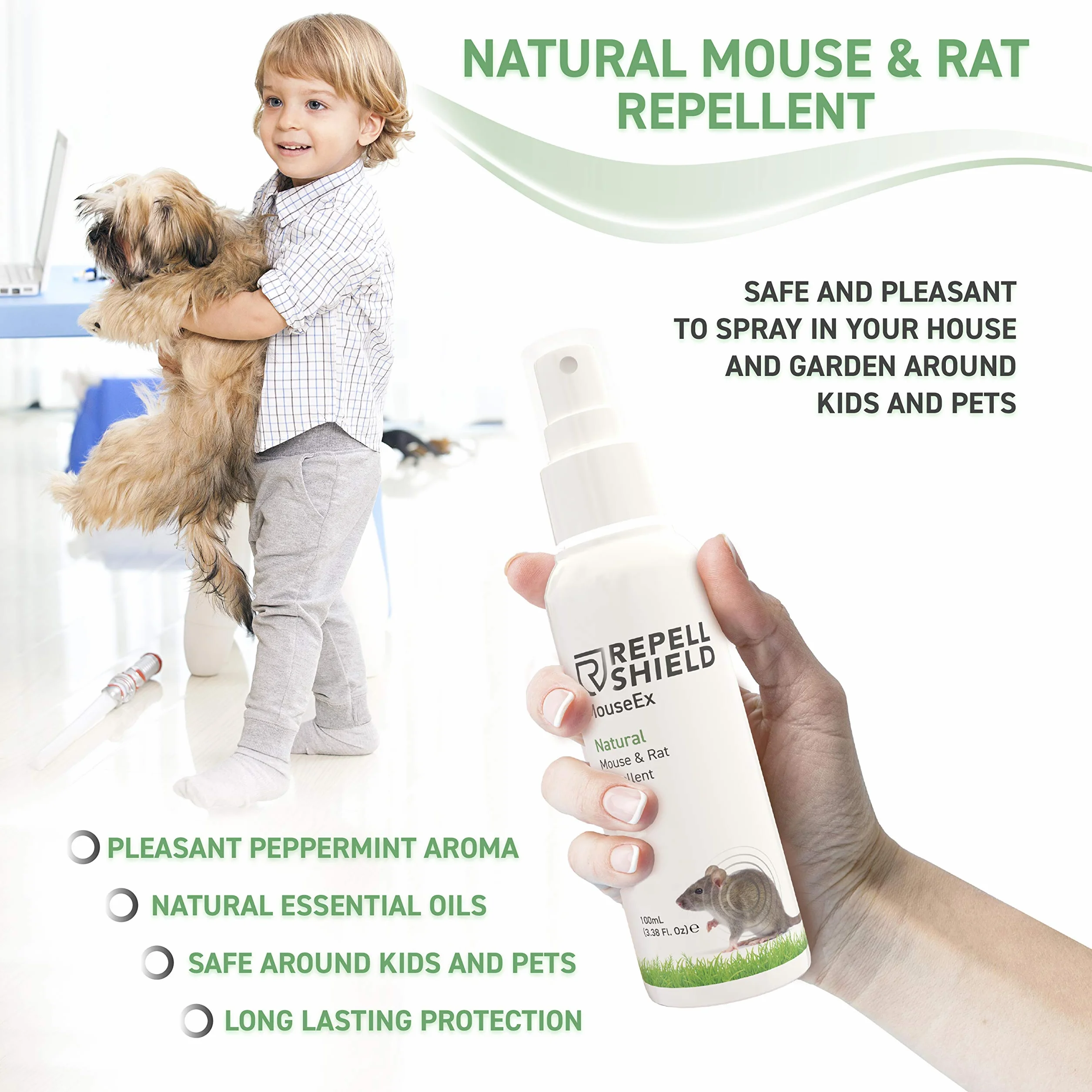 RepellShield Wegański spray do odstraszania myszy – spray z olejkiem miętowym do nieagresywnego odstraszania myszy, naturalny spray przeciw szczurom, do ogrodu, pojemność 100 ml