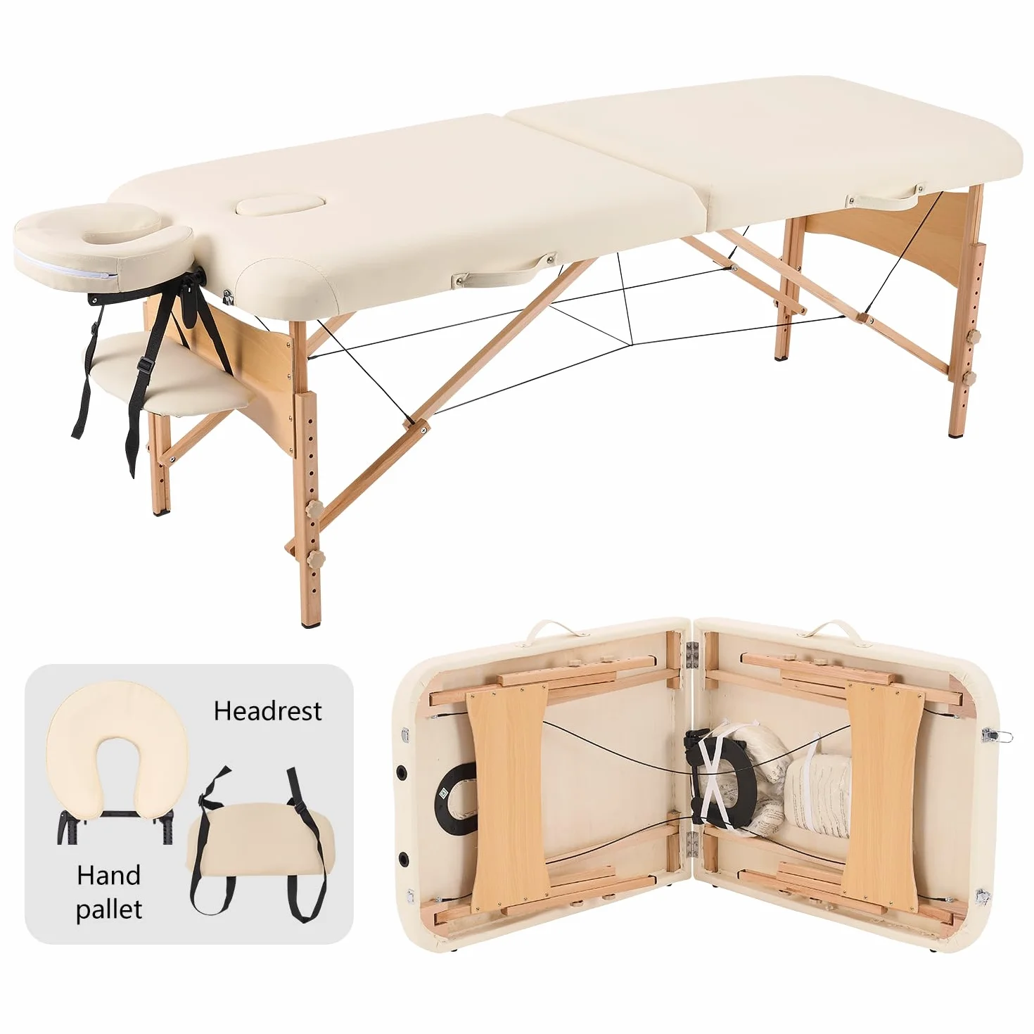 YOUNIKE Stół do masażu Łóżko Rzęsane 2 Składany Przenośny Beżowy Lekki Regulowany Profesjonalny Twarz Spa Salon Terapia Uroda Kosmetyczka Tatuaż 70 cm Szerokość