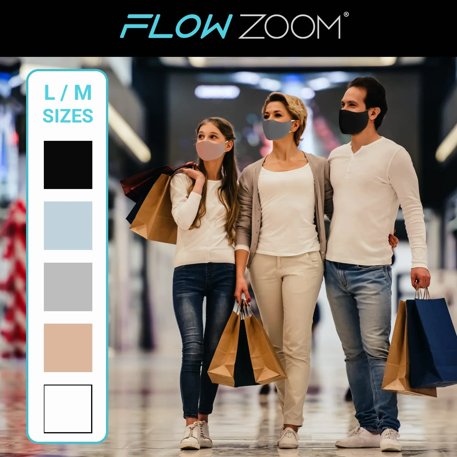 FLOWZOOM Zestaw 2 masek bawełna poliester 3-warstwowe z komorą na filtr PM2.5 regulowane zauszniki rozmiary L M
