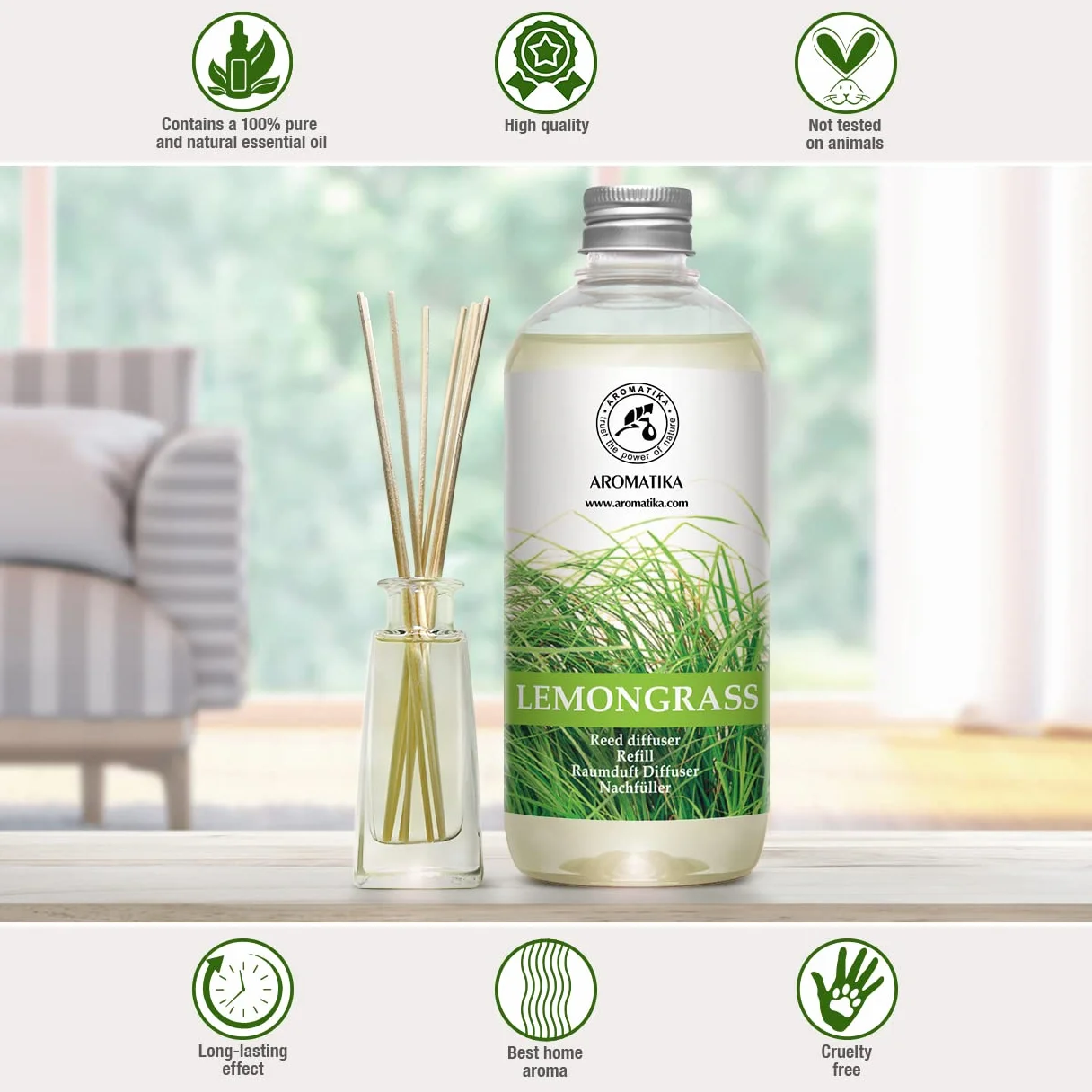 Wkład do Dyfuzora Trzcinowego Trawa Cytrynowa 500 ml - Dyfuzor Zapachowy z Patyczkami - Dyfuzor Pokojowy z Olejkiem Lemon Grass - Zapach do Domu - Dyfuzory Trzcinowe - Dyfuzory do Aromaterapii