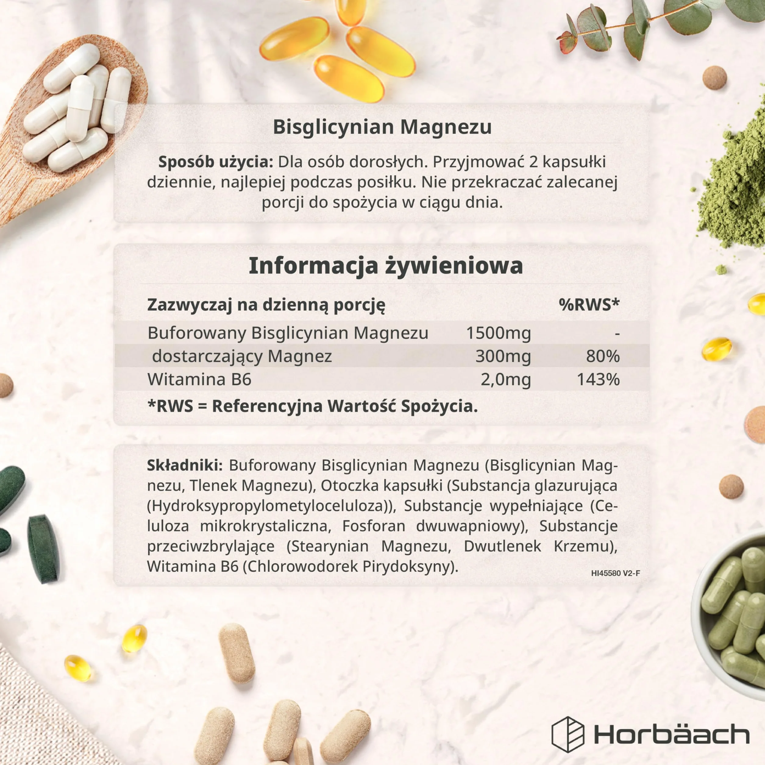Glicynian Magnezu 1500 mg + Witamina B6 | Bisglicynian Dostarczający 300 mg Czystego Magnezu Elementarnego | 120 Kapsułek | 100% Wegańskie | marki Horbaach
