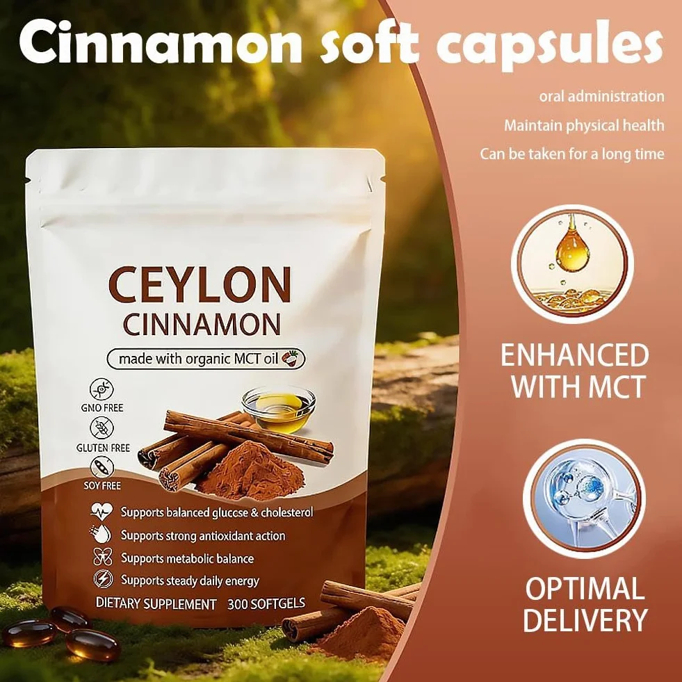 Ceylon Cinnamon Capsules z olejem MCT, wysoka absorpcja, bez GMO, bezglutenowe, 300 kapsułek żelowych
