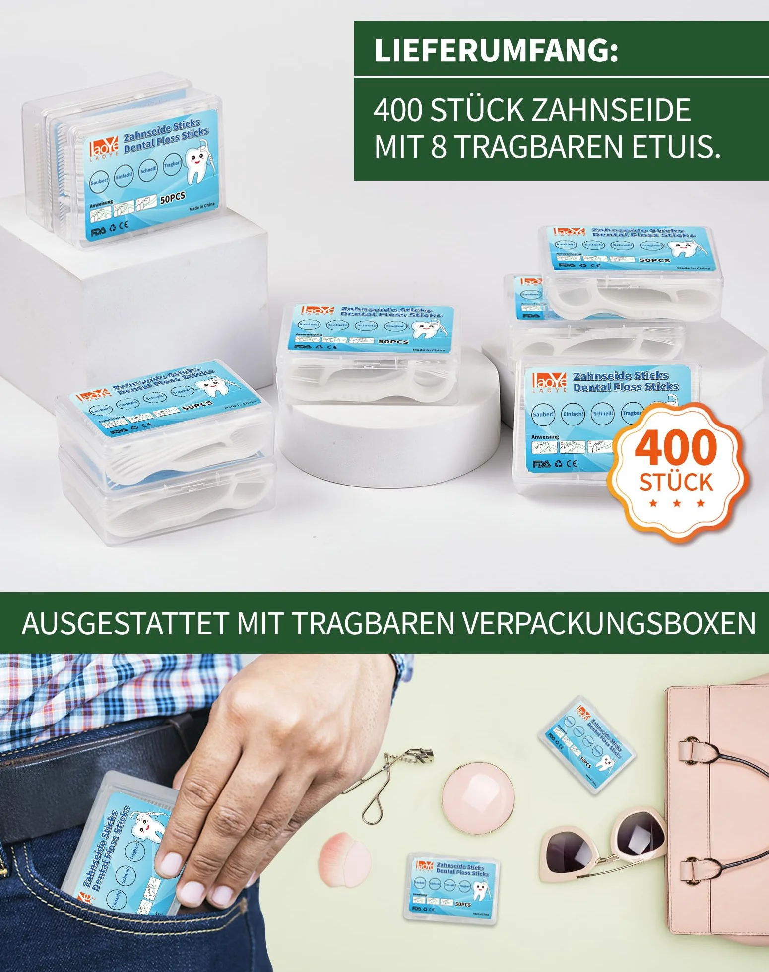 400 sztuk nić dentystycznej LAOYE Dental Floss Patyczki do czyszczenia zębów, z wykałaczką, jednorazowe