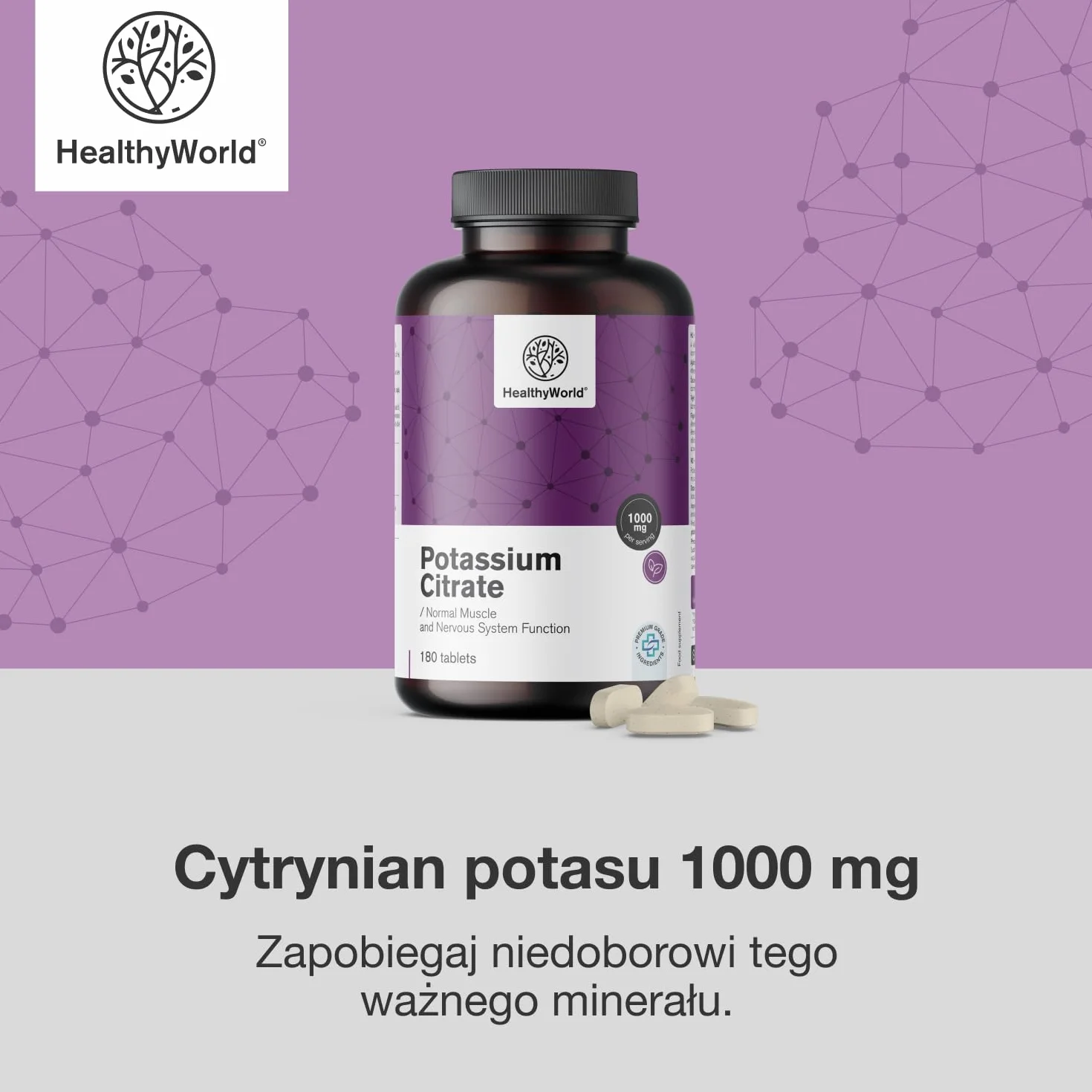 HealthyWorld Cytrynian potasu 1000 mg 180 tabletek – Wsparcie dla mięśni, układu nerwowego i ciśnienia krwi