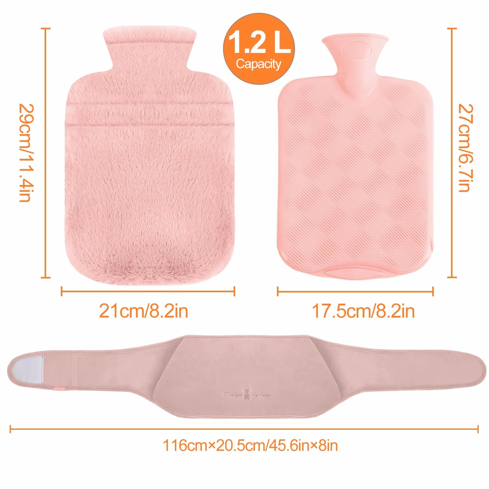 Pasek do termoforu, 1,2 l, pasek do termoforu, 3 w 1, PCW z poszewką i miękkim pokrowcem w talii, pas na szyję i ramiona, plecy, nogi, ocieplający talię (różowy)