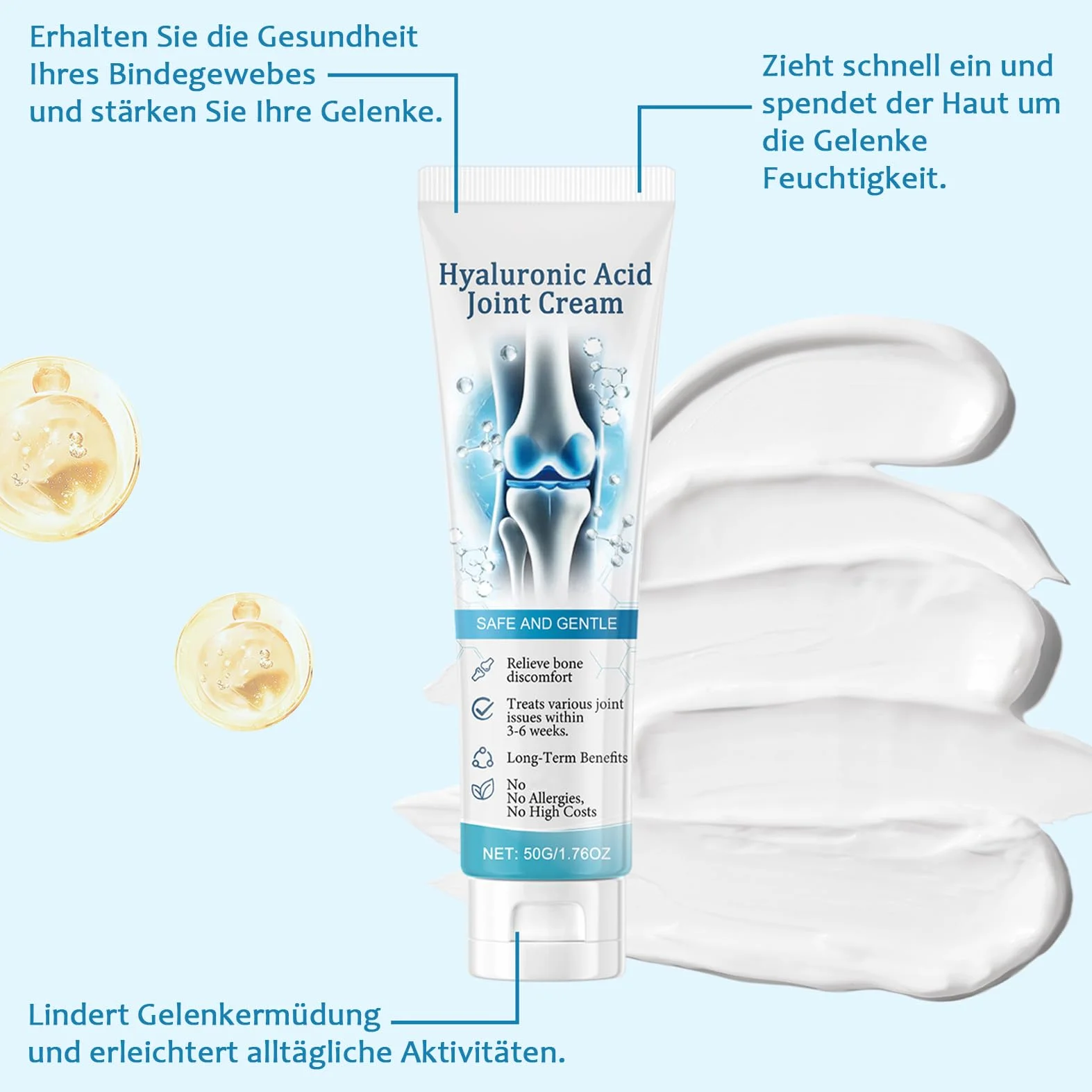 Kwas hialuronowy Joint Cream – 3 sztuki żelu z kwasem hialuronowym – krem do pielęgnacji stawów z kurkumą – krem łagodzący plecy, kark, dłonie, kolana – krem do naprawy stawów – głęboki odżywiający