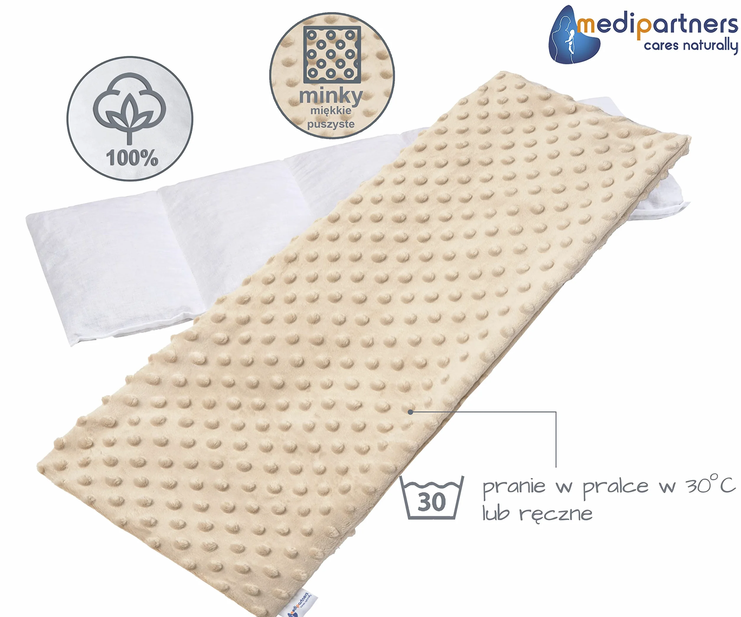 Termofor z pestek wiśni 5 Komorowy 800g 60x20cm Minky Terapia ciepłem/zimnem Wyjmowana poszewka Beż