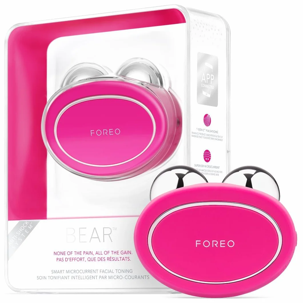 FOREO BEAR Elektryczny mikroprądowy masaż twarzy - Definiuje kontur szczęki - Nieinwazyjne podnoszenie twarzy - Przeciw zmarszczkom - Bezpieczny i bezbolesny - Fuchsia