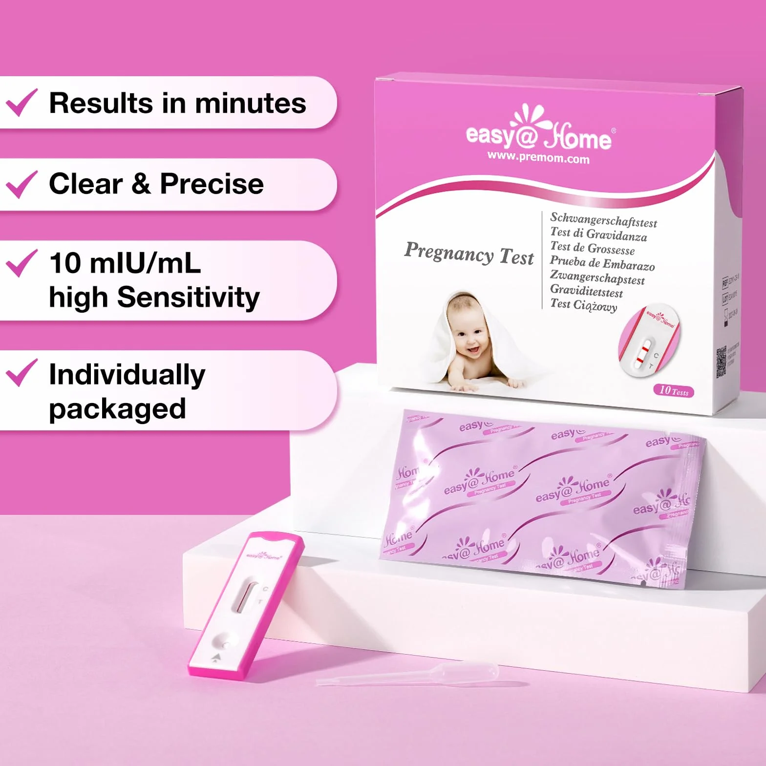 Easy@Home 10 x wczesny test ciążowy, czuły i szybki test ciąży, ultra wczesny test HCG, 10 mIU/ml – precyzyjne wyniki