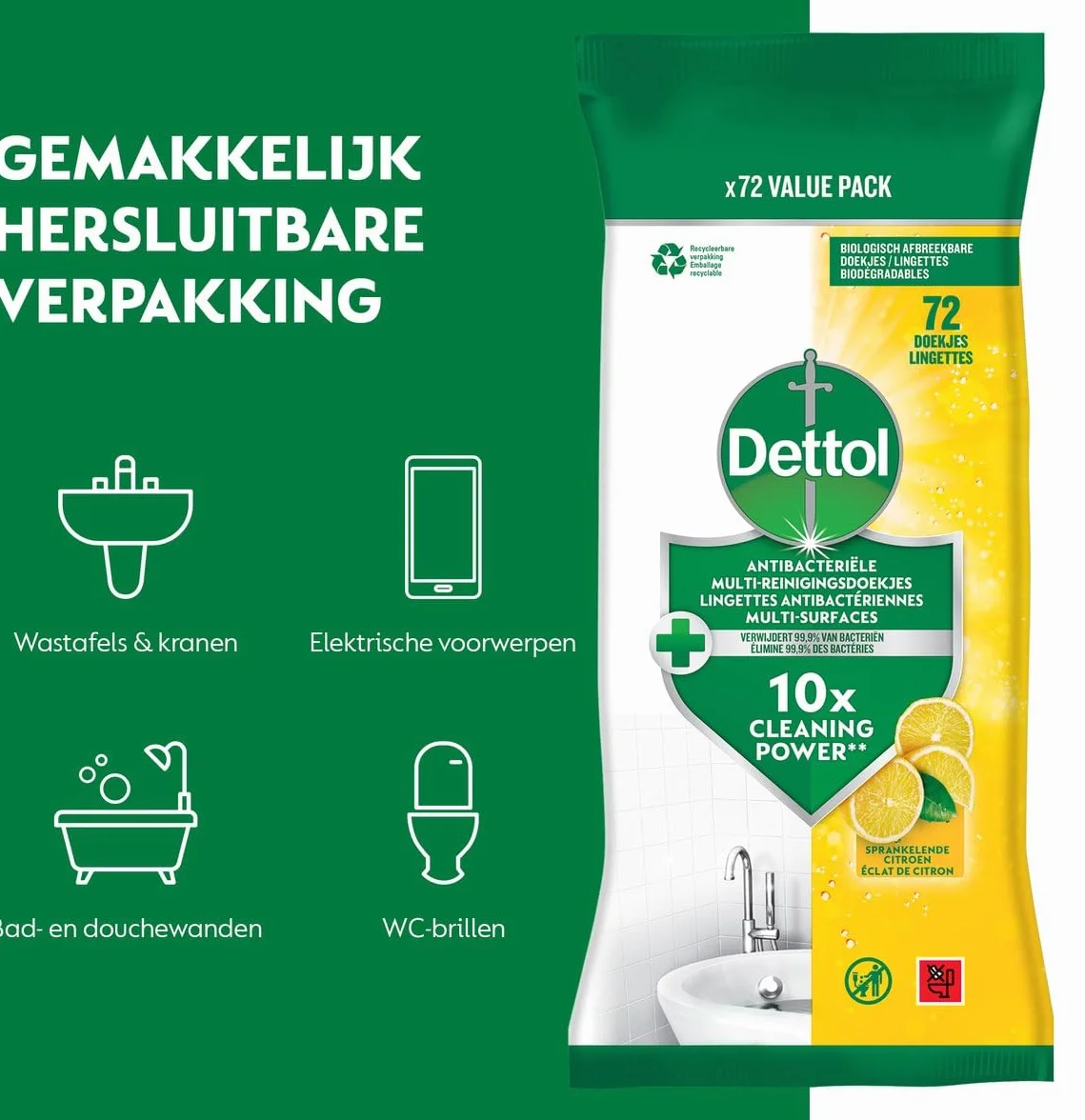 Dettol Power en Fresh Schoonmaakdoekjes Citrus 5 x 72 sztuki - opakowanie zbiorcze