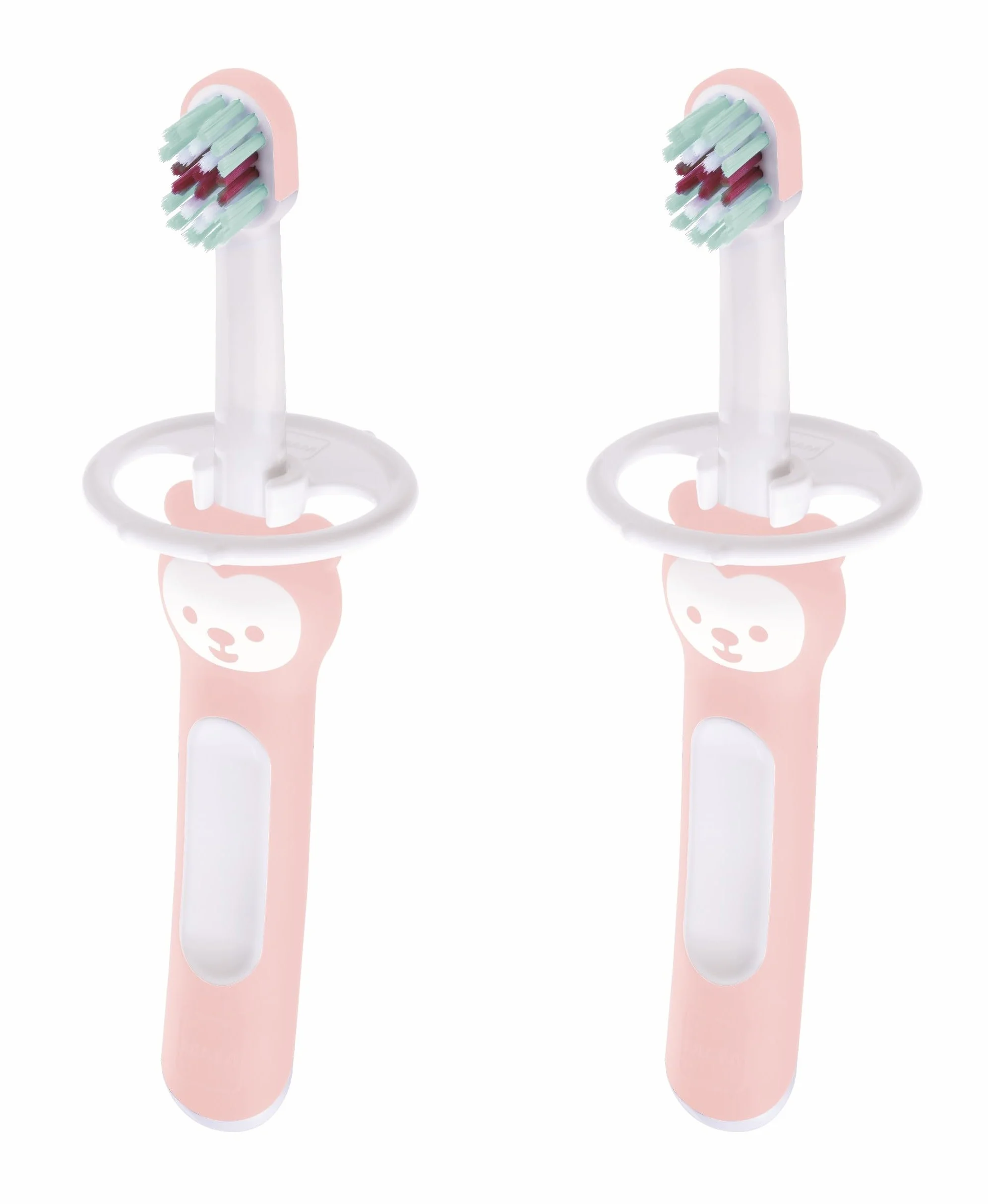 MAM Zestaw Brush Baby's C149 Zestaw dwóch szczoteczek do zębów z krótkim uchwytem i pierścieniem bezpieczeństwa, dla niemowląt od 6 miesięcy, Różowy, 2 sztuki
