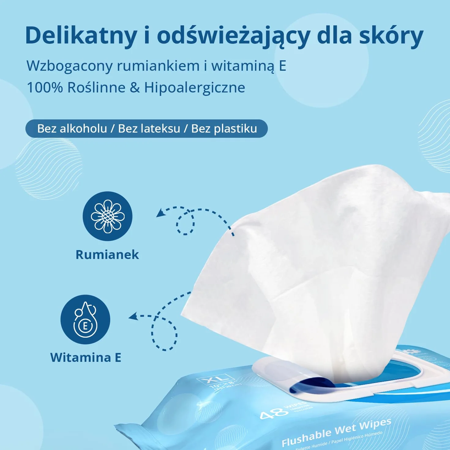 WhyWorry Wilgotny Papier Toaletowy Spłukiwalny 20x25cm Duże Nawilżany z Rumiankiem Biodegradowalny Bez Plastiku 144 Sztuk