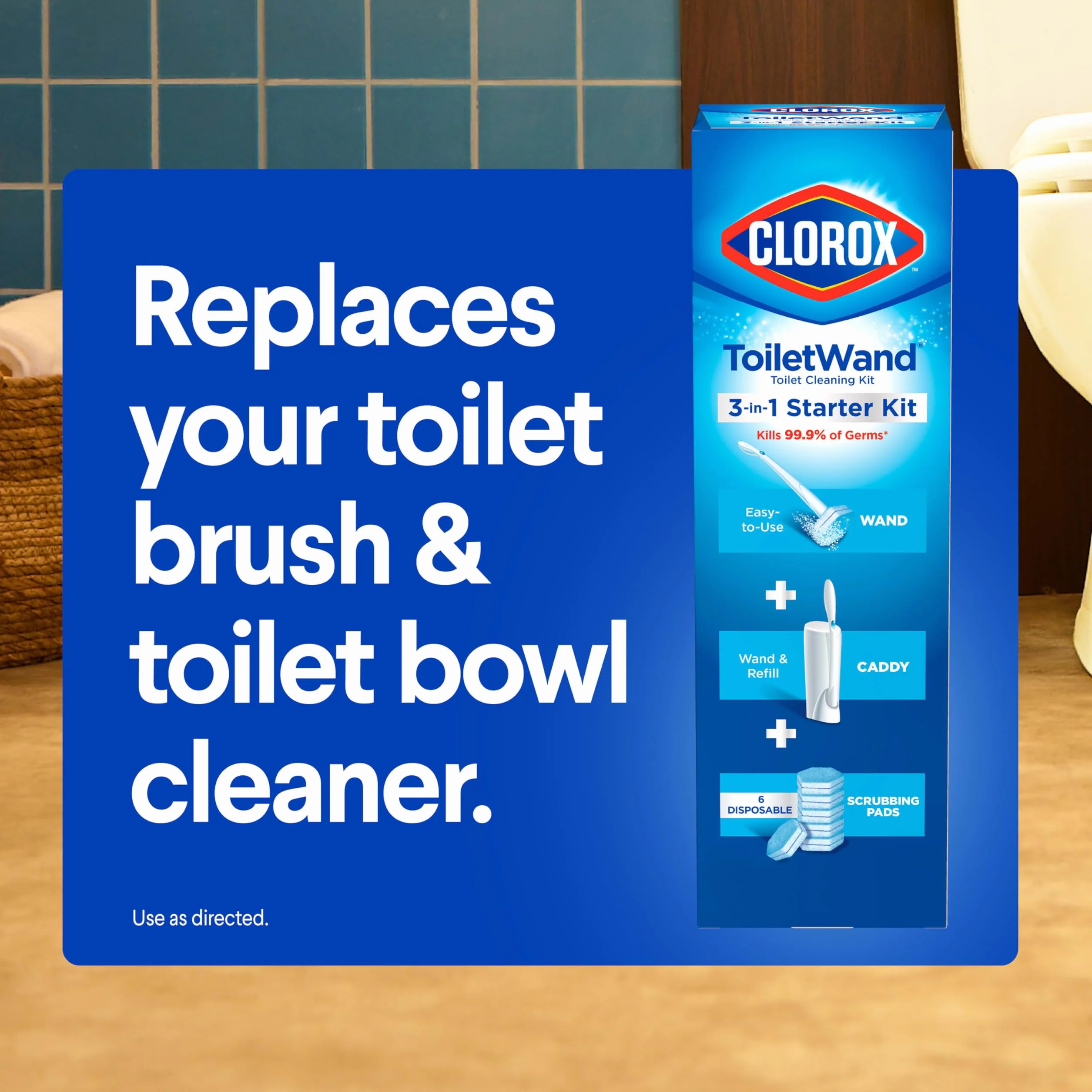 Clorox 03191 Jednorazowy system czyszczenia toalety z 6 głowicami do dezynfekcji różdżki toaletowej, biały/niebieski, 8 sztuk