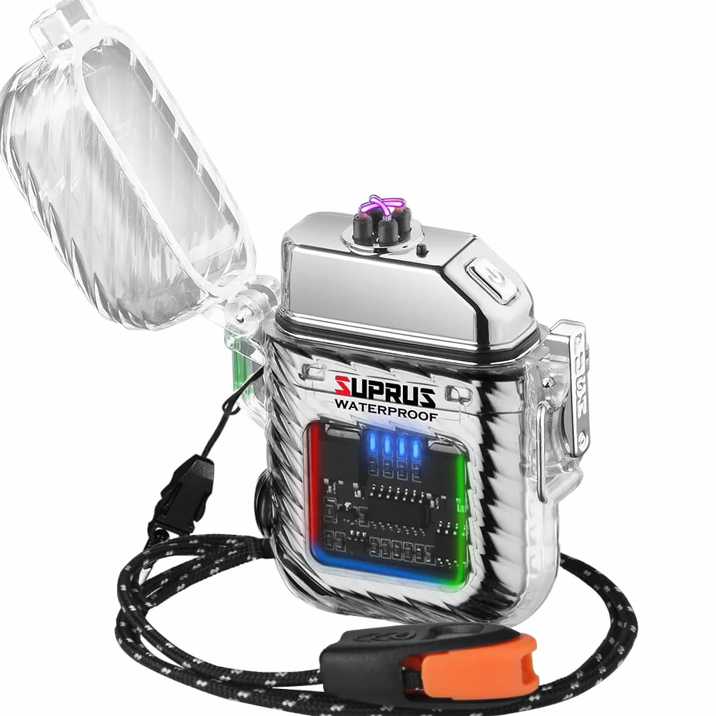 SUPRUS Zapalniczka z 3 trybami pracy, wiatroszczelna, wodoszczelna, elektryczna, zapalniczka do wielokrotnego ładowania, z podwójną plazmą, z gwizdkiem ratunkowym i smyczą