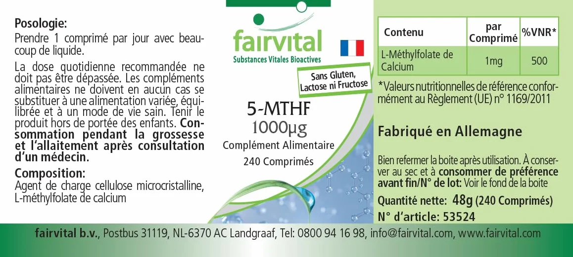 Fairvital | 5-MTHF - 240 tabletek - 1mg na tabletkę - bioaktywny kwas foliowy - płodność i ciąża - sprawdzona jakość i wysoka dawka - 100% wegańskie - wyprodukowano w Niemczech