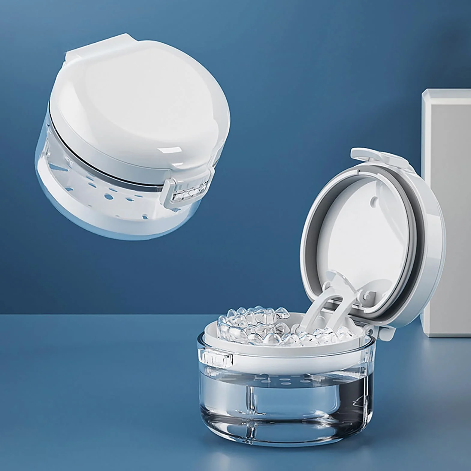 Retainer Cleaner Case - White PP ABS Bath Cup | 9.5x9.5x7cm 97g Aligner Cleaner with Removal Tool, Compact Retainer Storage Box for Women Men Care Home Travel Hygiene Organizer