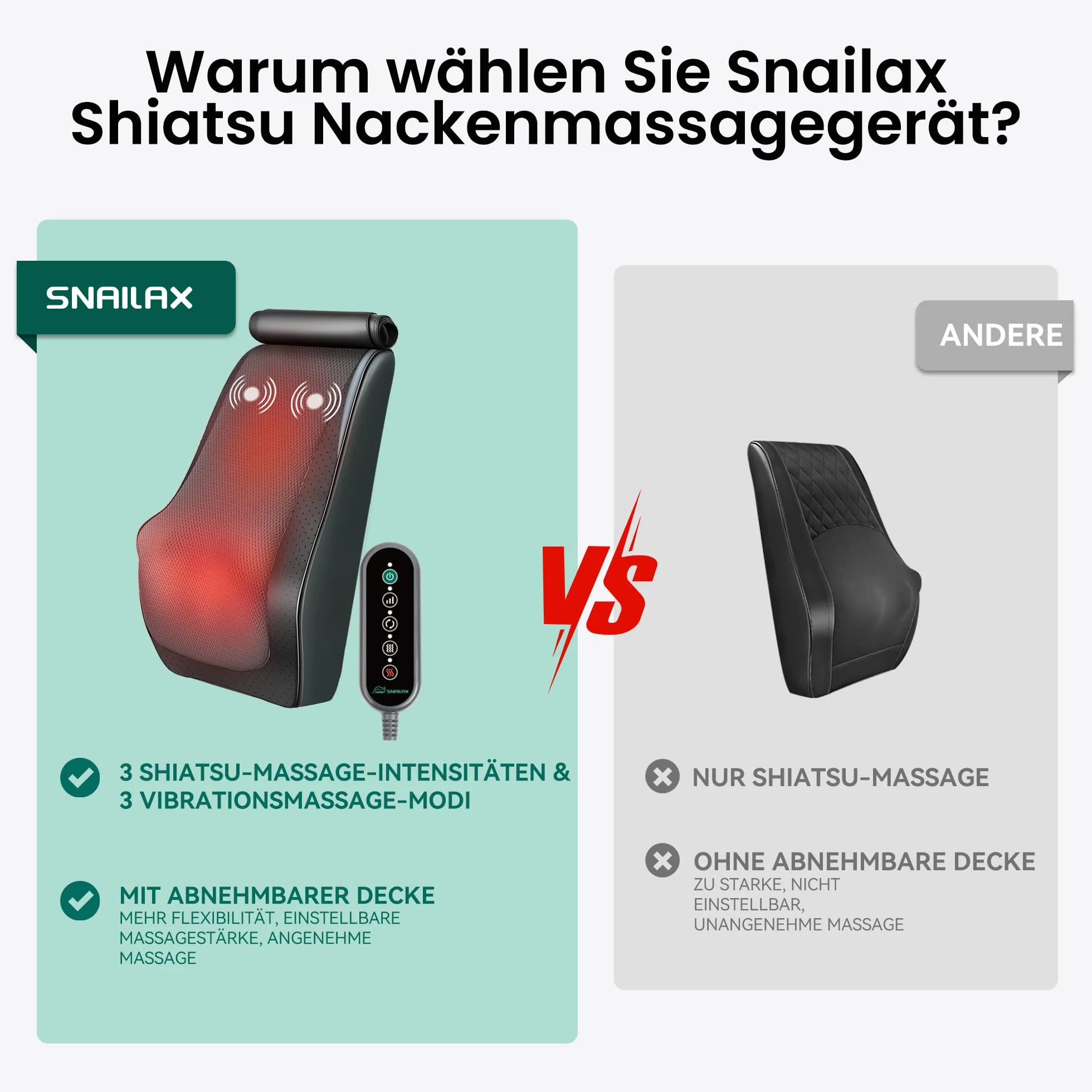 Snailax Poduszka do masażu Shiatsu 3D z ogrzewaniem na plecy, kark, ramiona