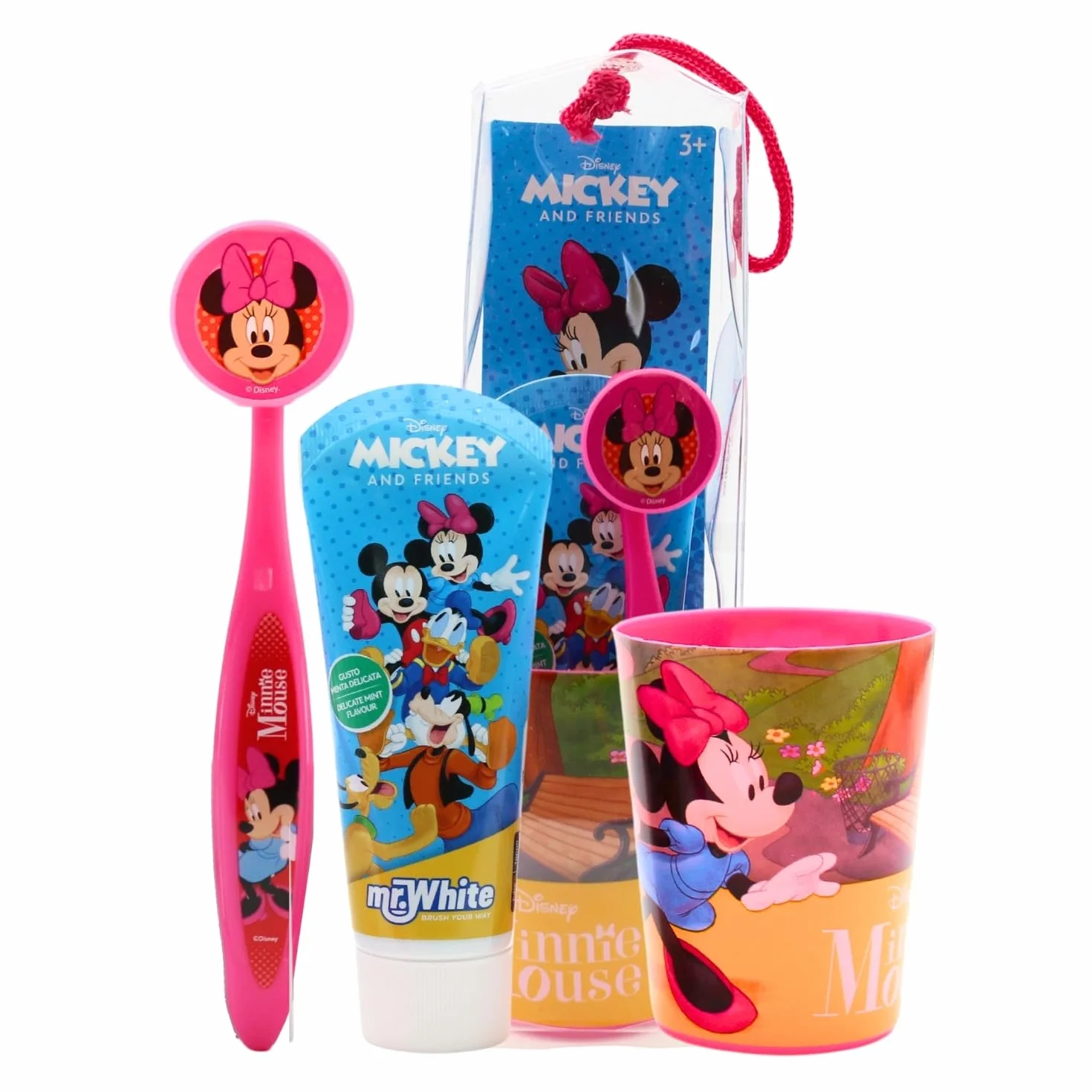 Kosmetyczka Myszka Minnie zawiera szczoteczkę do zębów z nasadką ochronną, przyssawką, wygodny uchwyt i miękkie włosie, pastę do zębów o smaku miętowym i wielofunkcyjną zlewkę dla dzieci