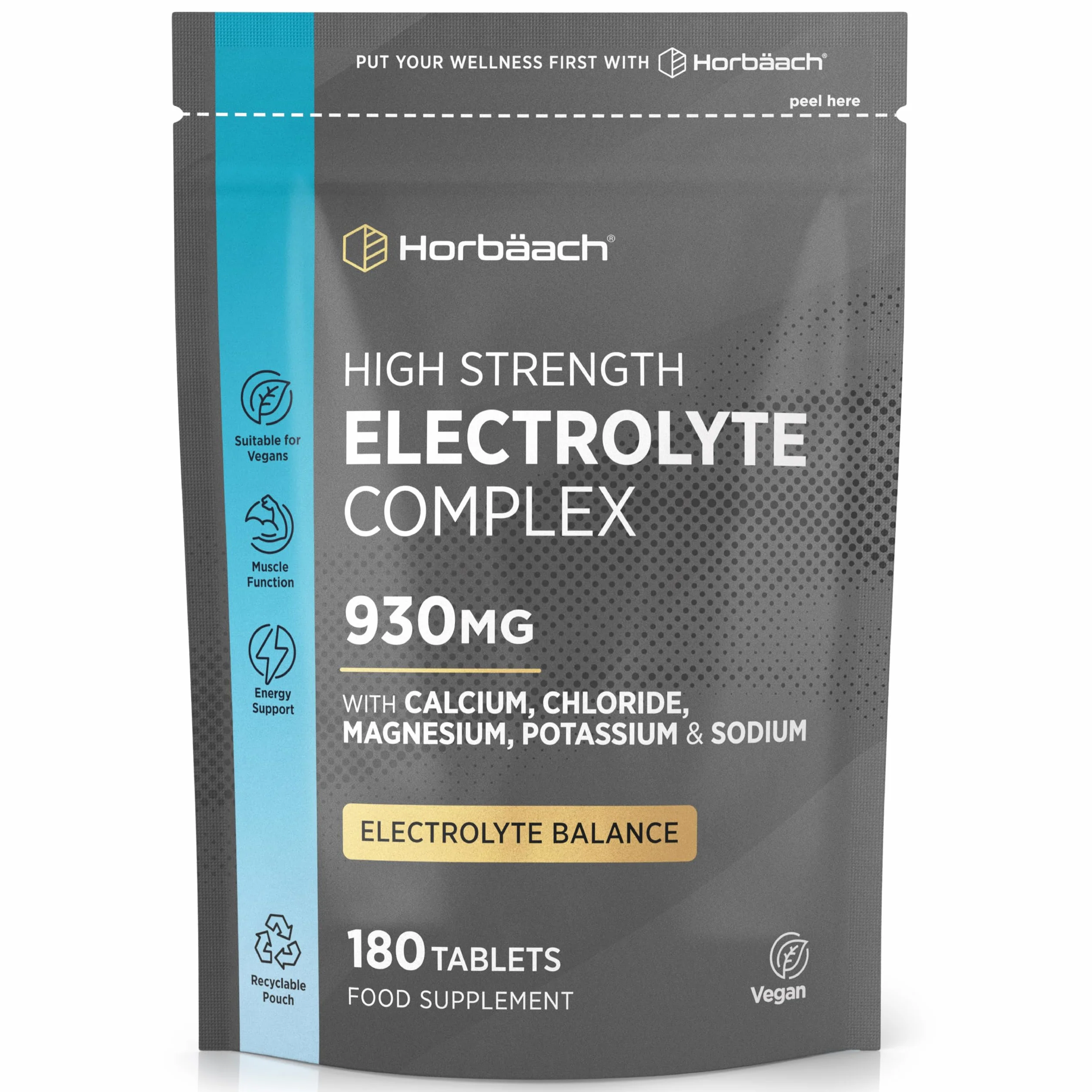 Tabletki elektrolitowe 1575 mg Horbaach 240 wegańskich tabletek z potasem chlorkiem wapniem magnezem sodem