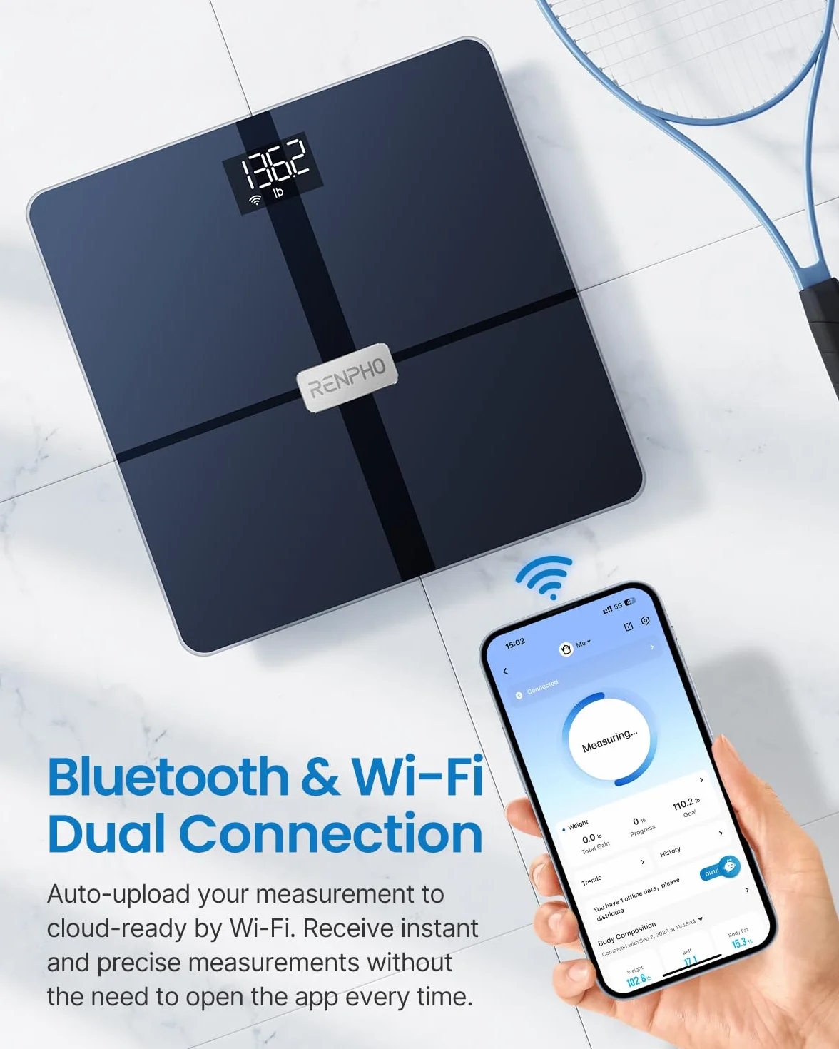 RENPHO Inteligentna waga Wi-Fi Bluetooth do analizy ciała, 13 wartości tkanka tłuszczowa masa mięśniowa