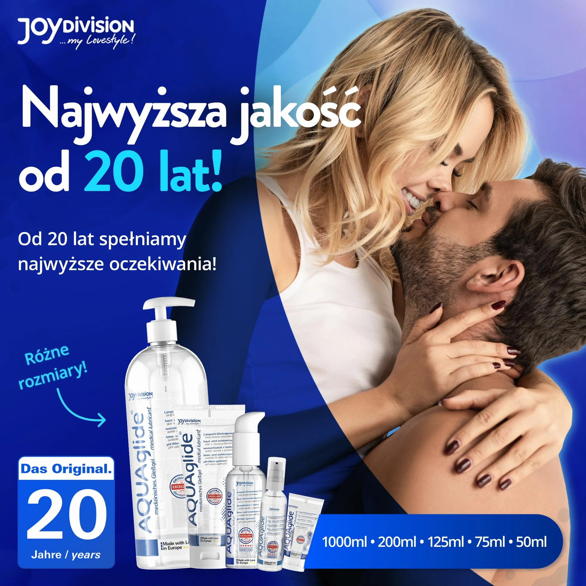 Joydivision Original AQUAglide 1000 ml naturalny lubrykant, krystalicznie czysty i wegański lubrykant, o zoptymalizowanym pH i kompatybilny z prezerwatywami lateksowymi