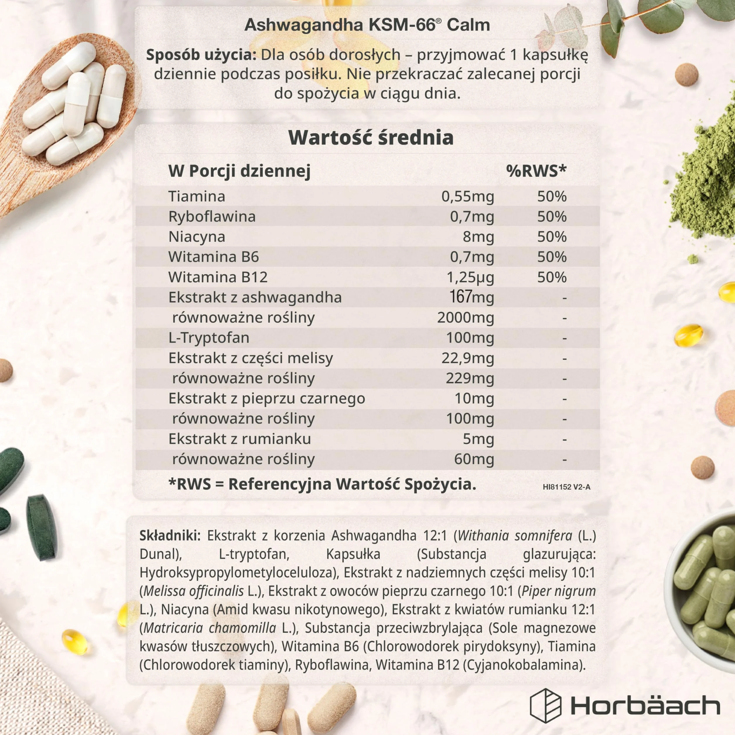 Ashwagandha KSM-66® 5000mg z Dodatkiem Aminokwasów oraz Witamin z Grupy B (B1, B2, B3, B6 i B12) | Formuła Wspierająca Spokój dla Kobiet i Mężczyzn | 60 Wegańskich Kapsułek | marki Horbaach