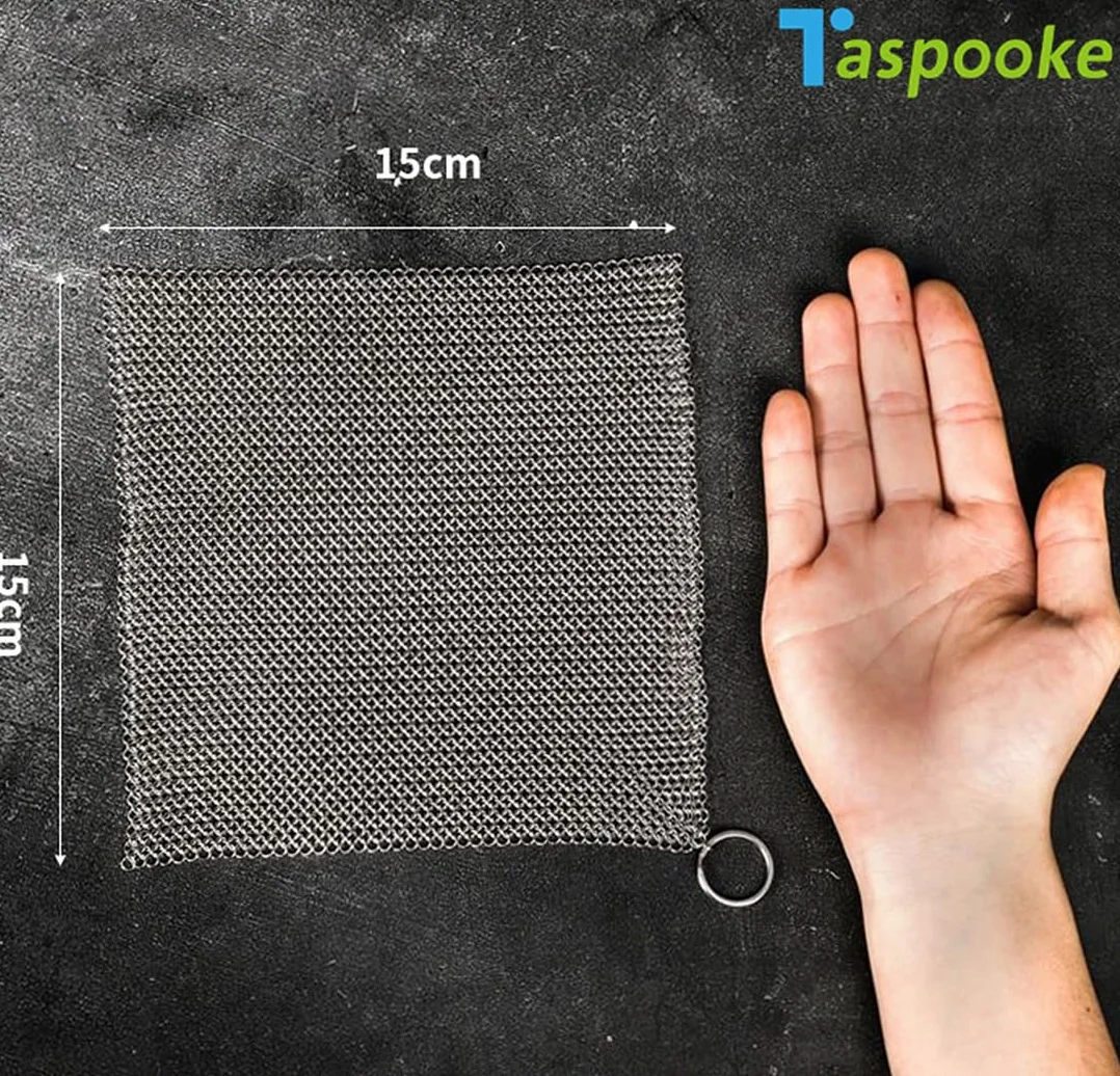 Scrubber żeliwny, skrobak ze stali nierdzewnej 316L, ulepszona szorowarka kolczuga 3,8 mm, do wstępnie sezonowanego garnka, holenderskiego piekarnika, gofrownicy, żeliwna patelnia, szklany